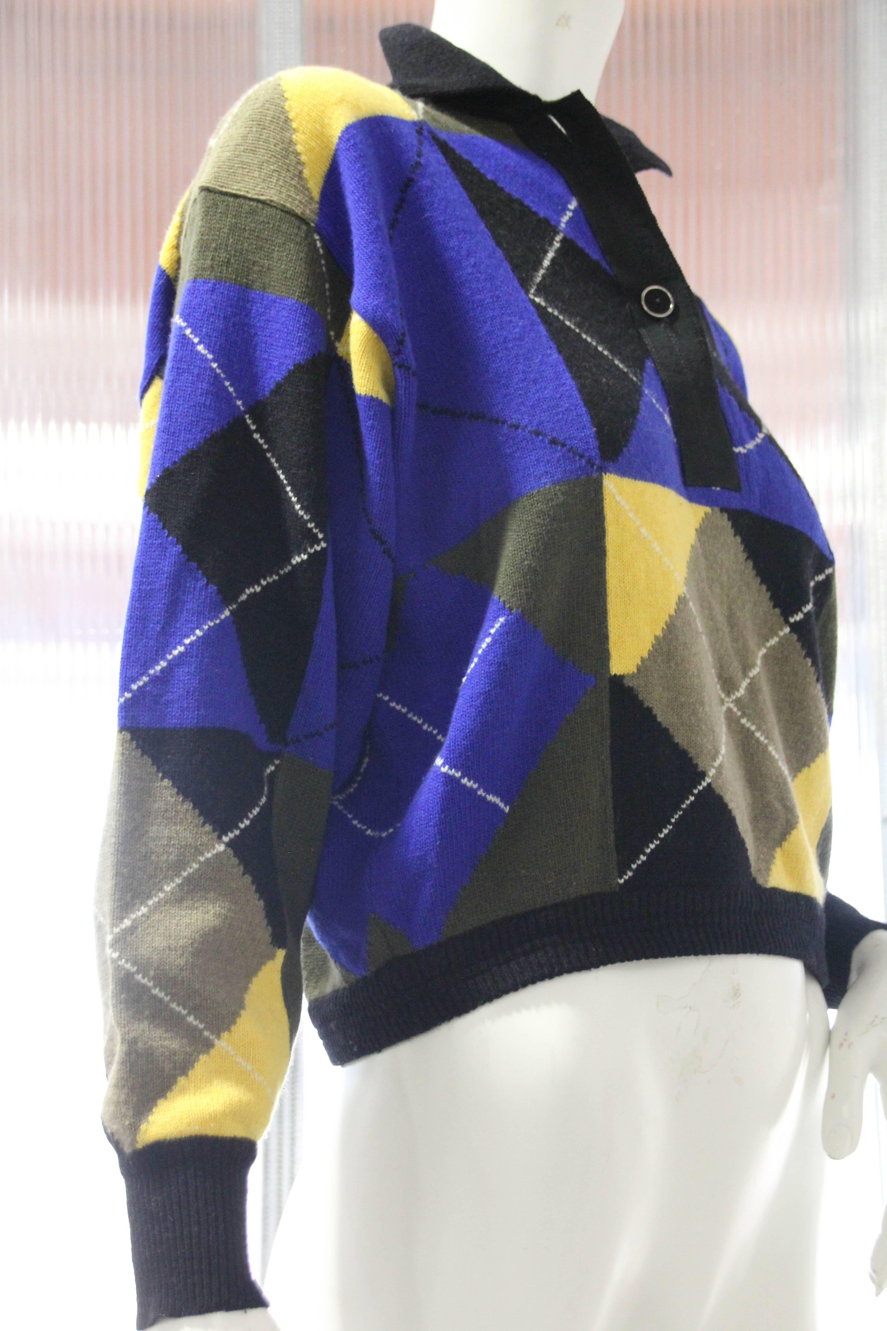 1980s Gianni Versace Cropped Wool Argyle Polo Sweater 1