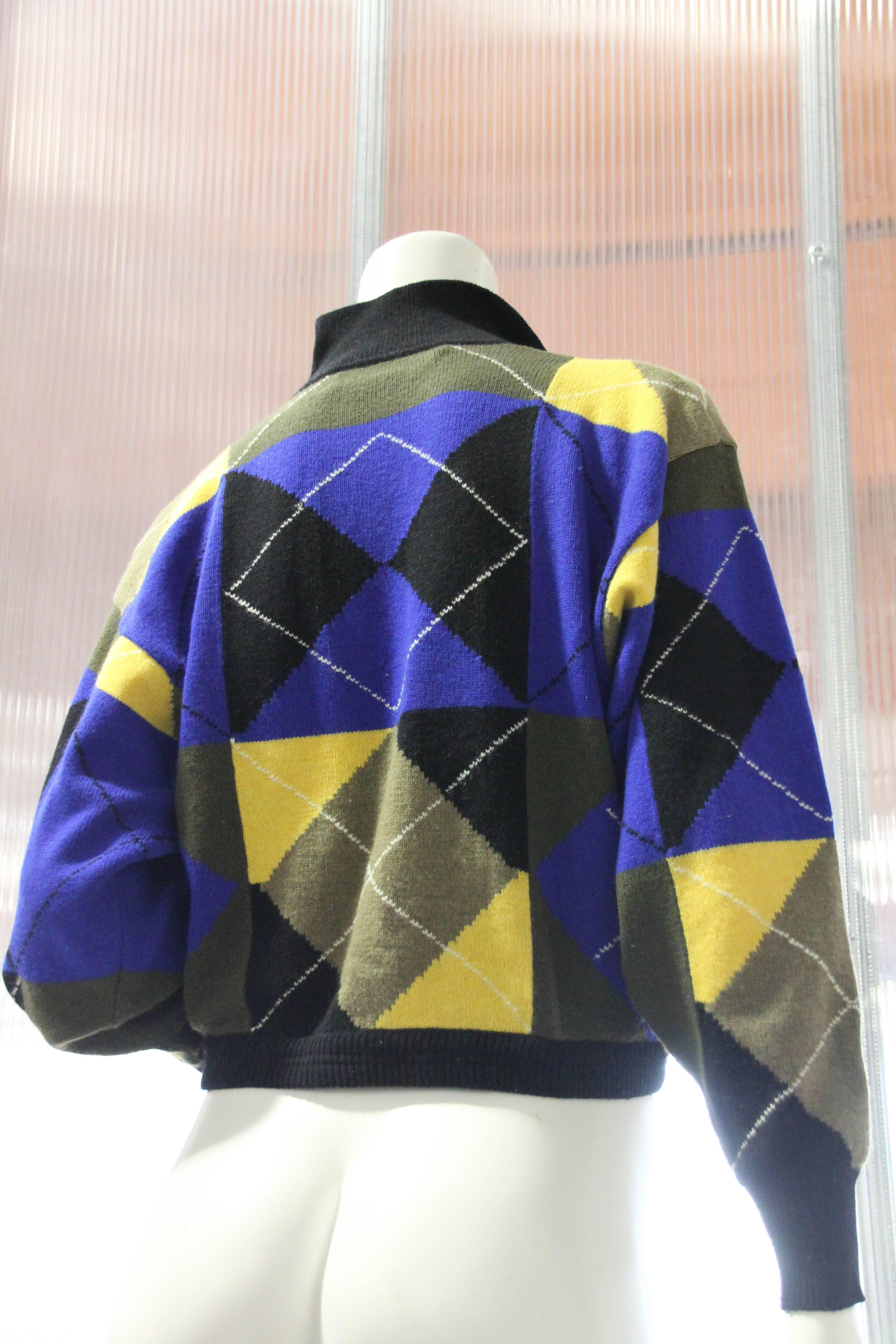 1980s Gianni Versace Cropped Wool Argyle Polo Sweater In Excellent Condition In Gresham, OR