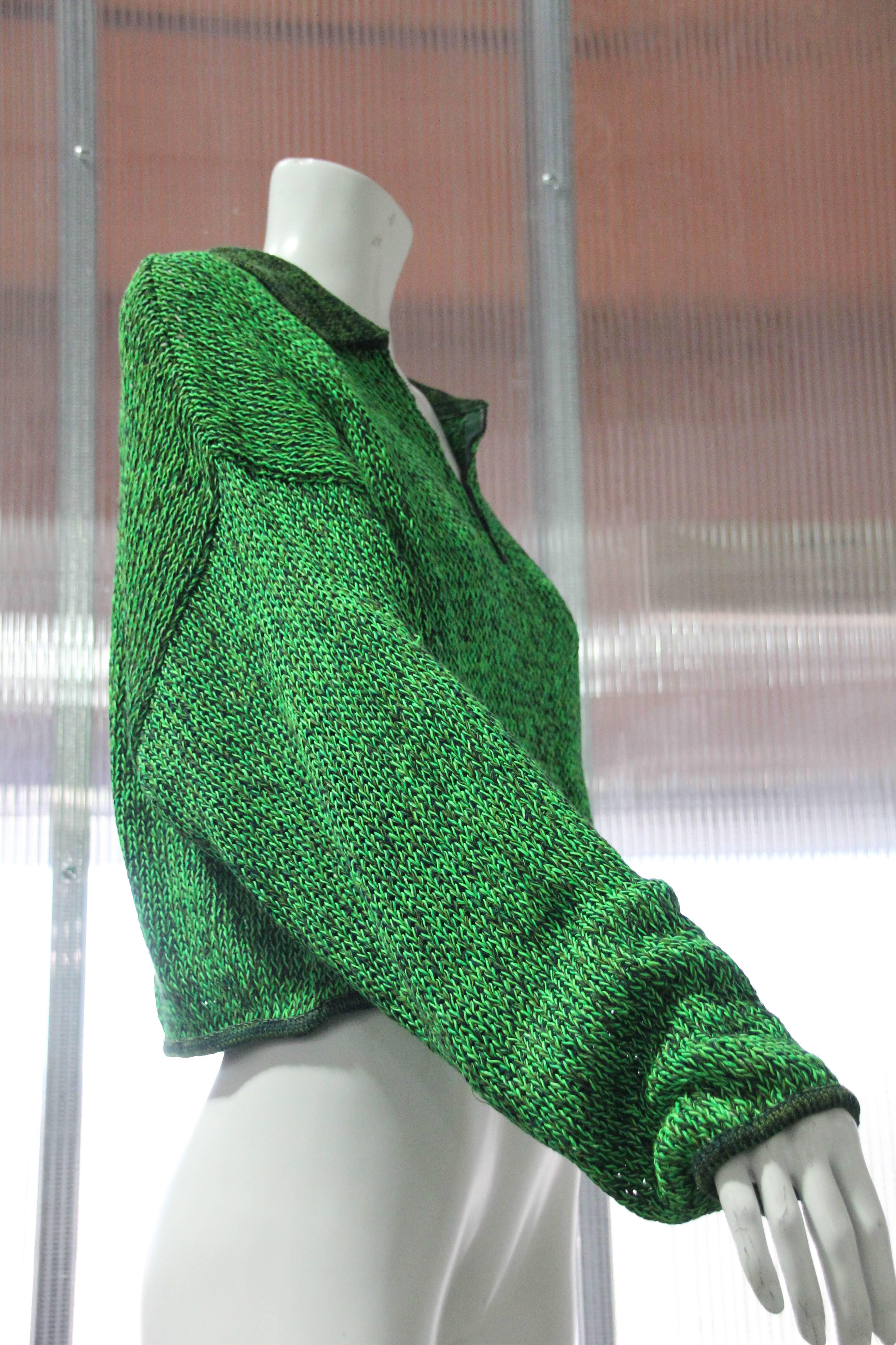 Women's or Men's 1980s Jean Paul Gaultier Cropped Zip-Front Sweater in Neon Green and Black