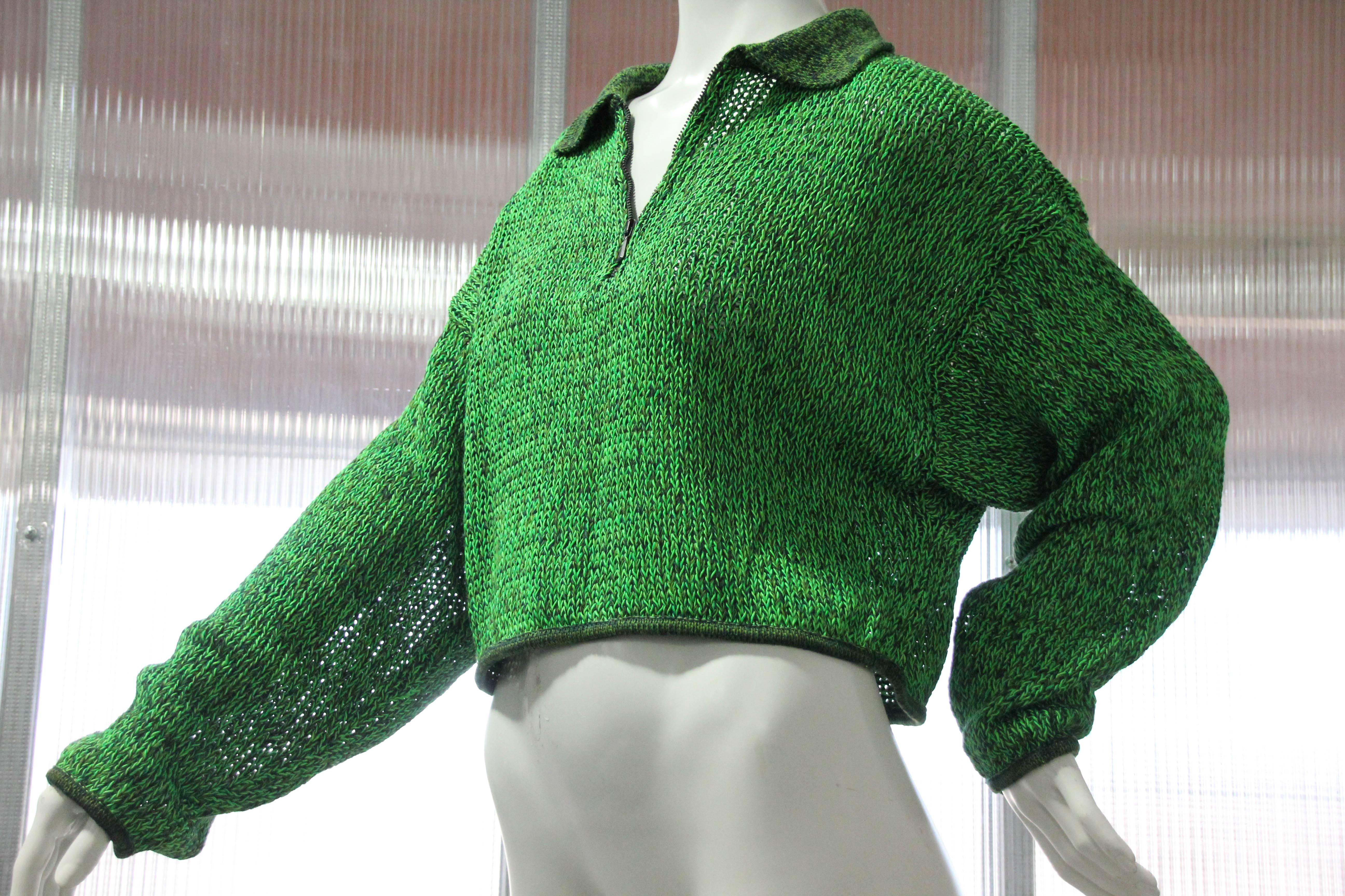 1980s Jean Paul Gaultier - Equator line - Cotton-blend cropped sweater in neon green and black with front zippered polo-style collar. Drop-shoulder, slouchy silhouette. 