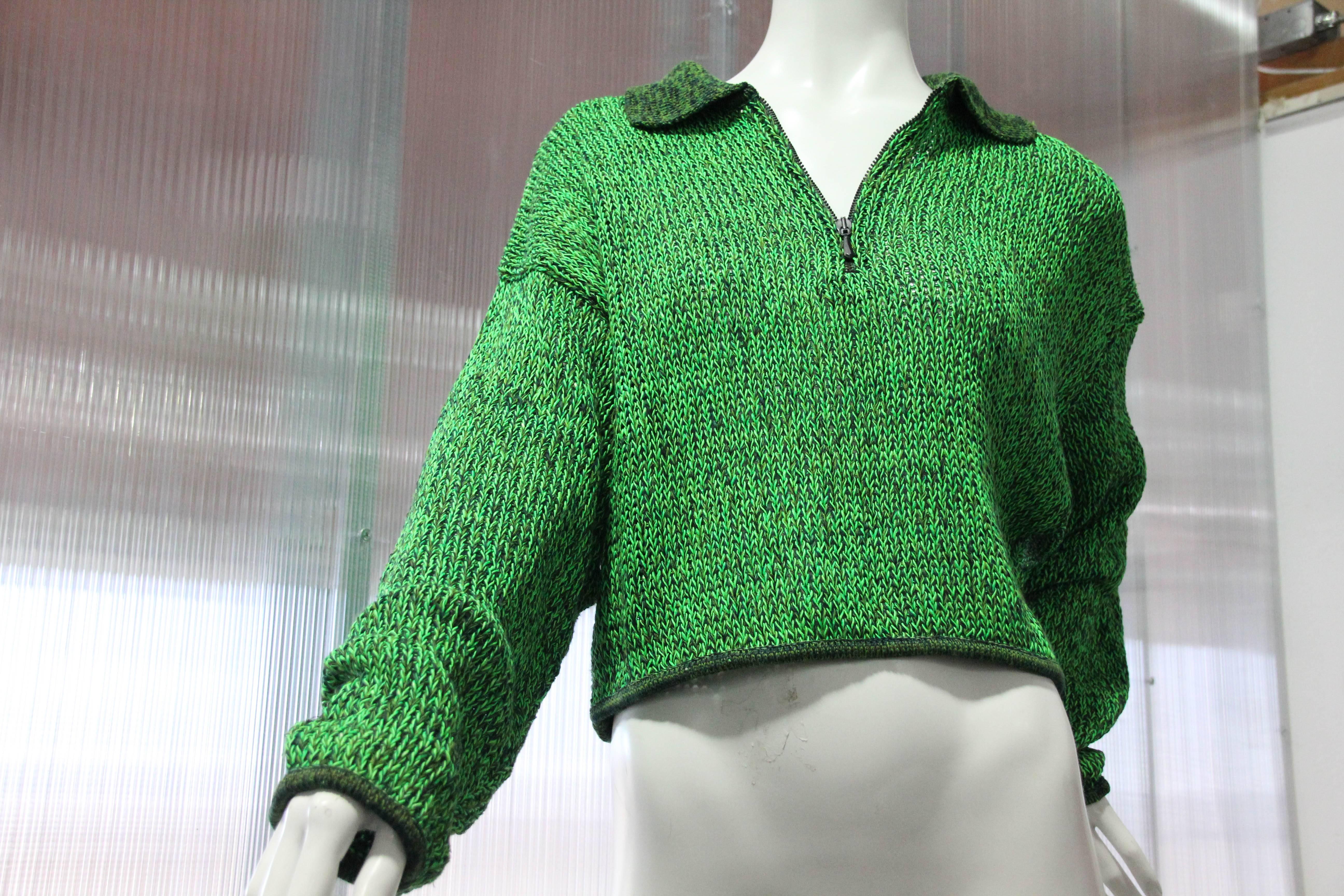 1980s Jean Paul Gaultier Cropped Zip-Front Sweater in Neon Green and Black In Excellent Condition In Gresham, OR