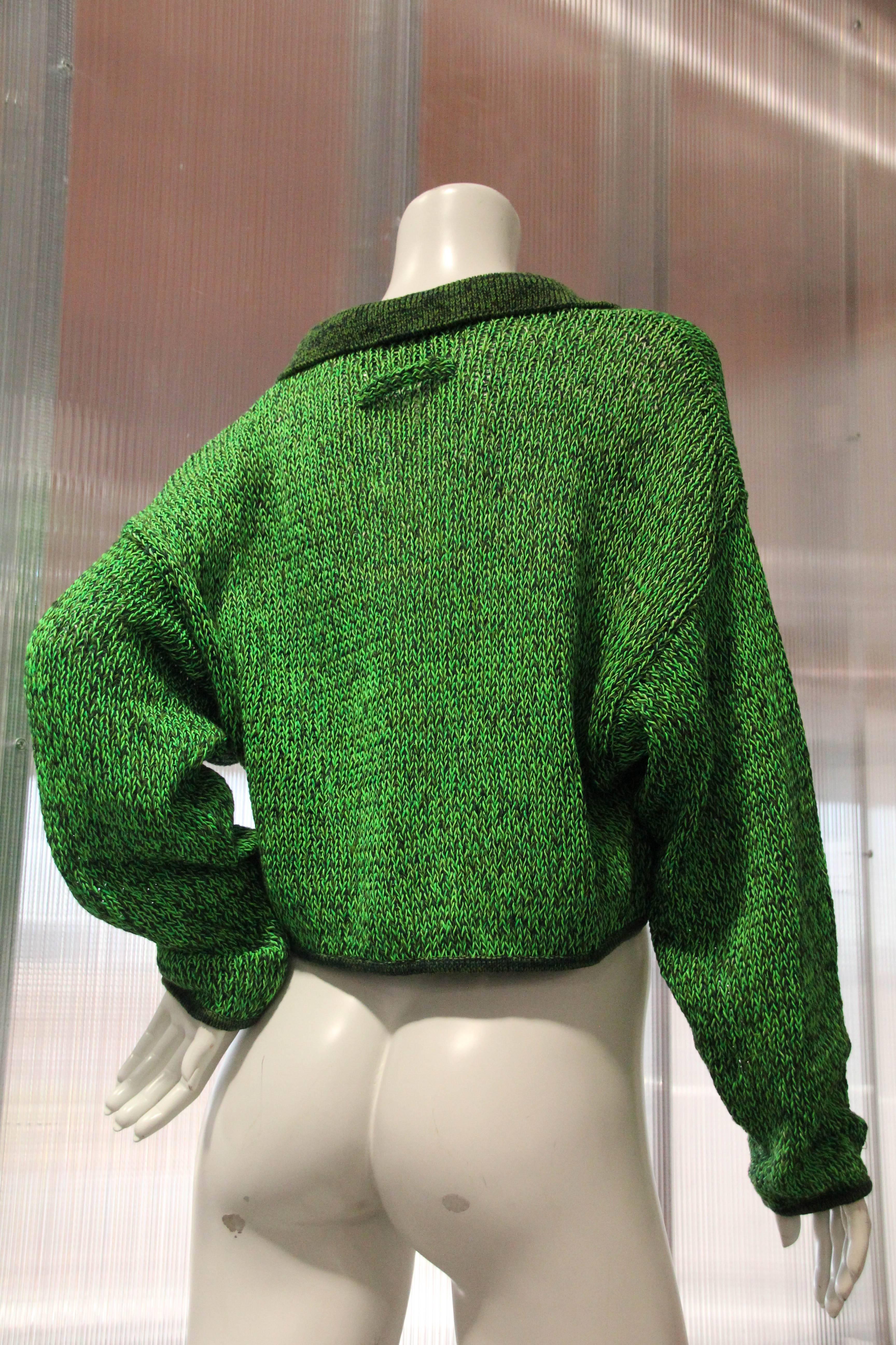 1980s Jean Paul Gaultier Cropped Zip-Front Sweater in Neon Green and Black 1