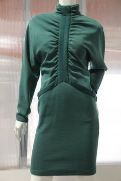 1980s Gianni Versace Wool Knit Dress in Jade Green w Gathers and Hip Pockets