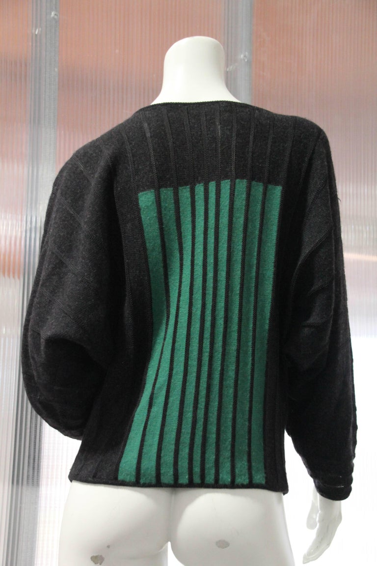1980s Gianni Versace color-blocked wool rib-knit dolman-sleeve sweater in black, jade green and yellow.