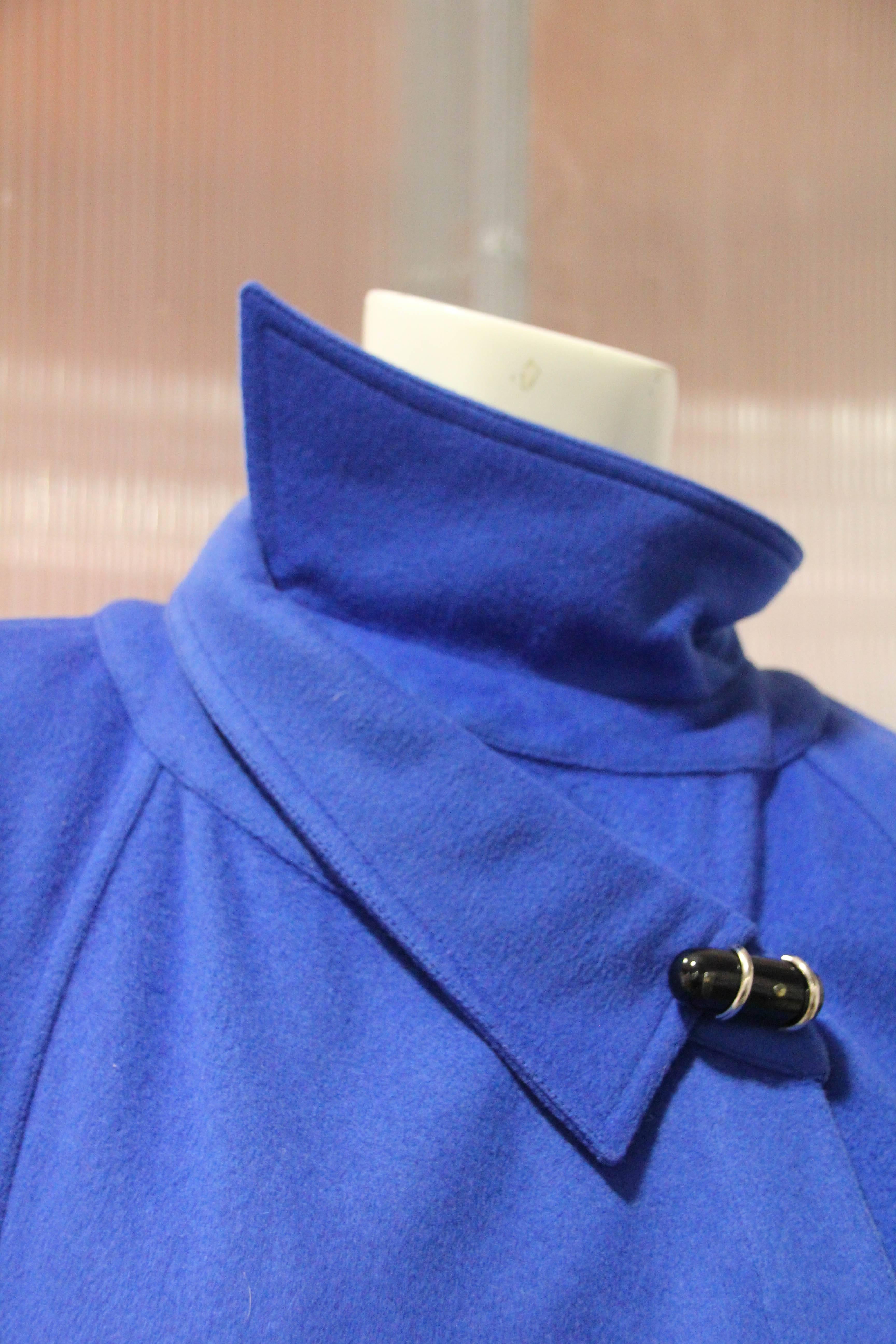 Women's 1980s Chloe Electric Blue Wool Felt Swing Coat w Asymetrical Collar 