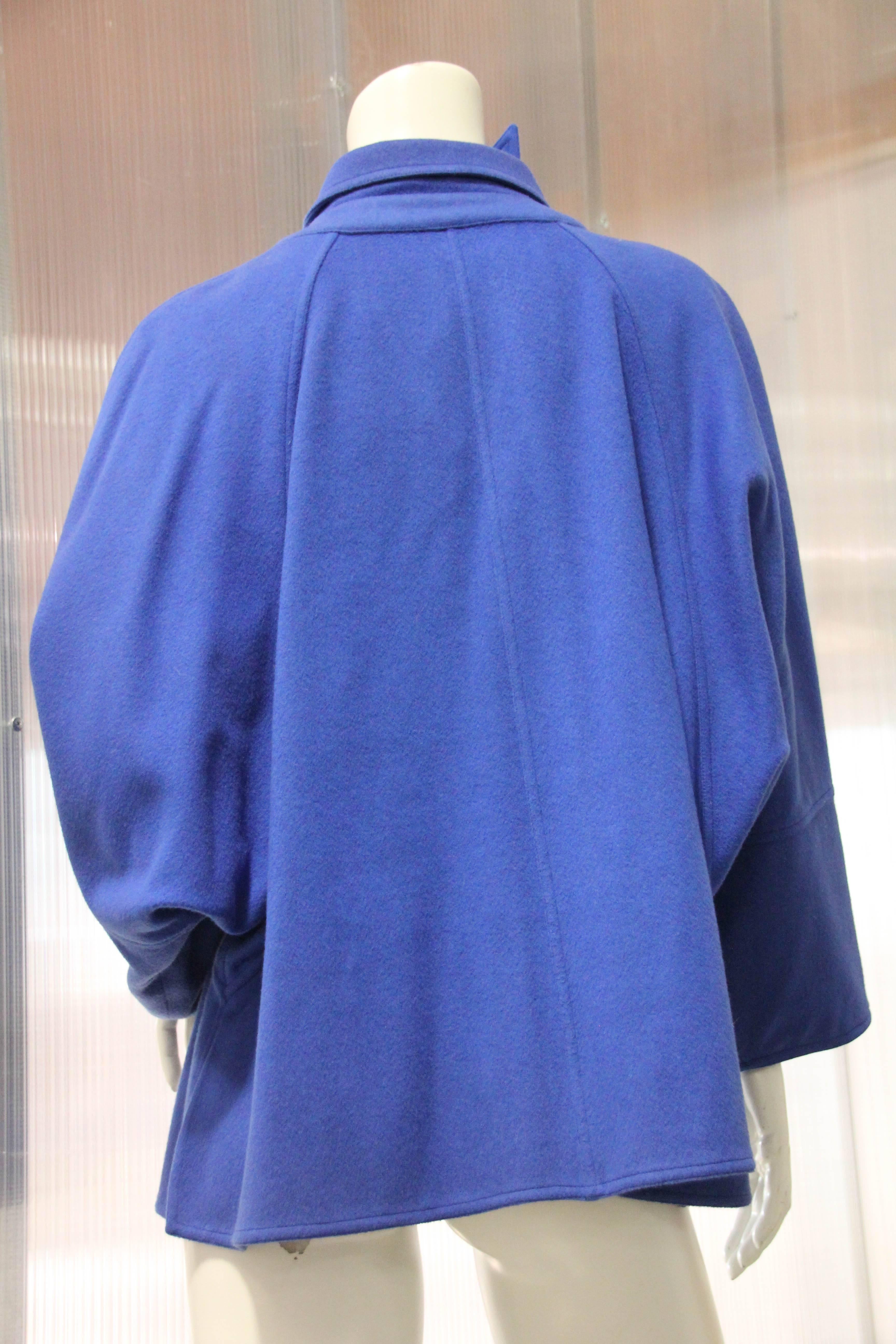 1980s Chloe Electric Blue Wool Felt Swing Coat w Asymetrical Collar In Excellent Condition In Gresham, OR