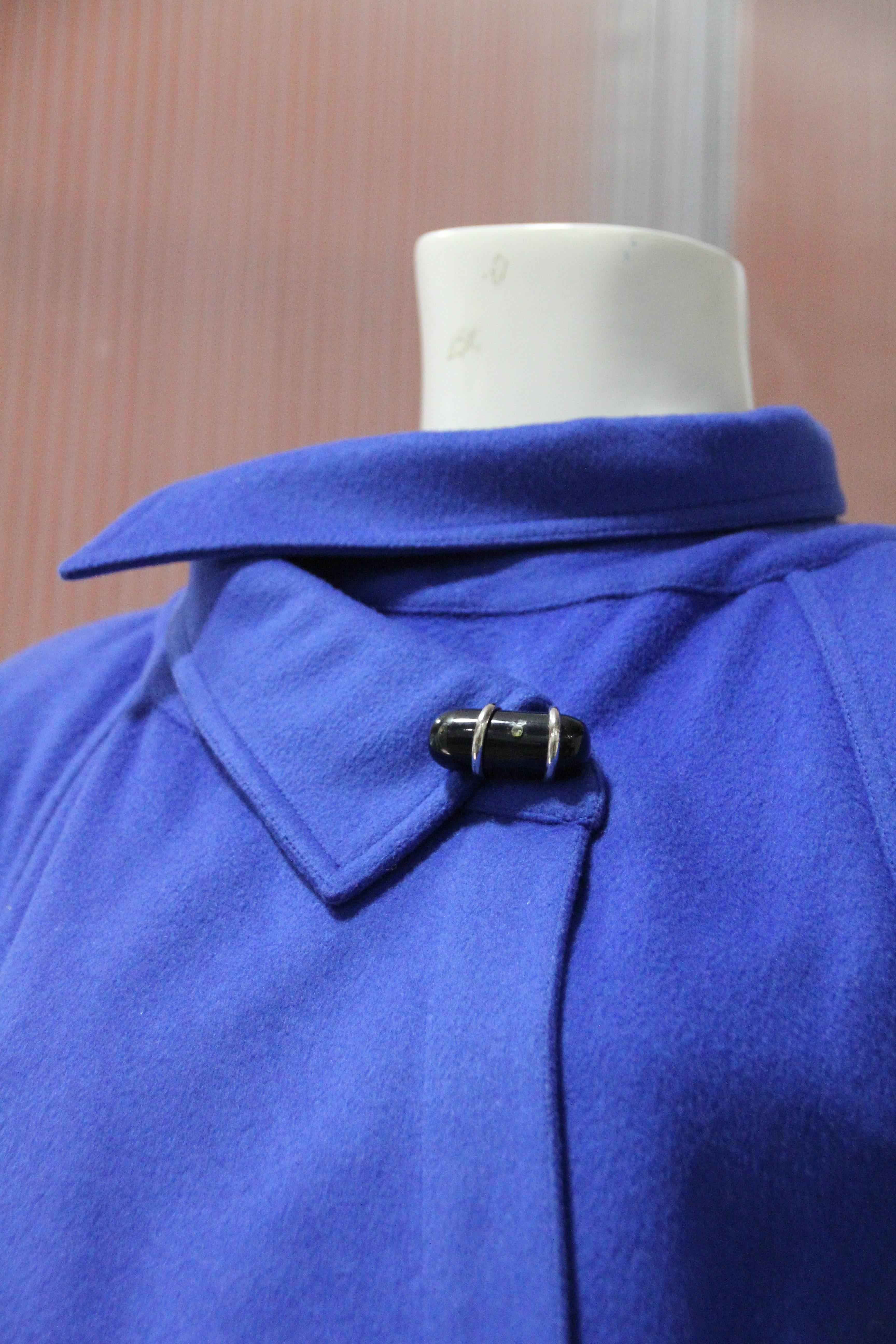 1980s Chloe Electric Blue Wool Felt Swing Coat w Asymetrical Collar  3