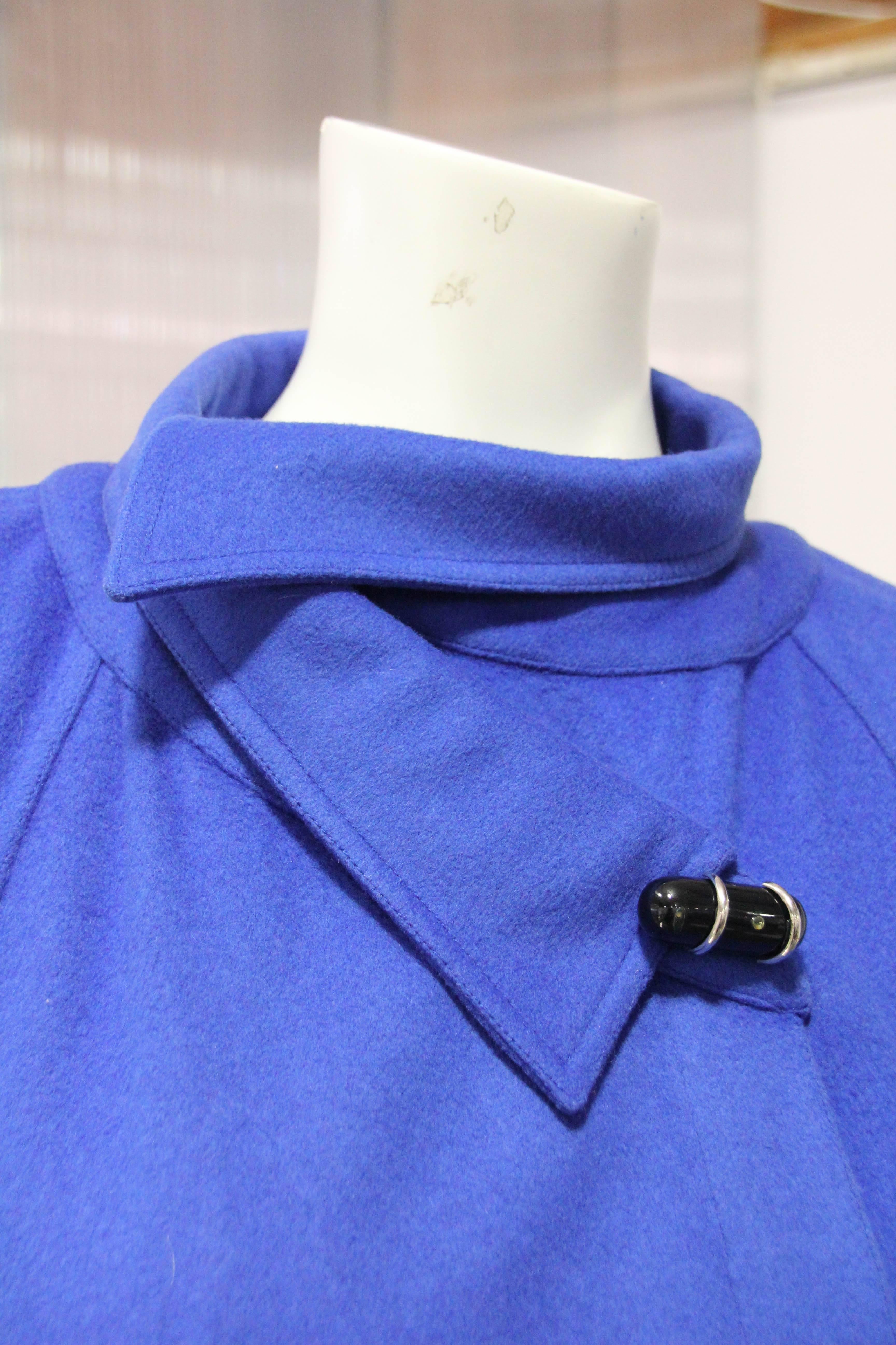 1980s Chloe Electric Blue Wool Felt Swing Coat w Asymetrical Collar 1