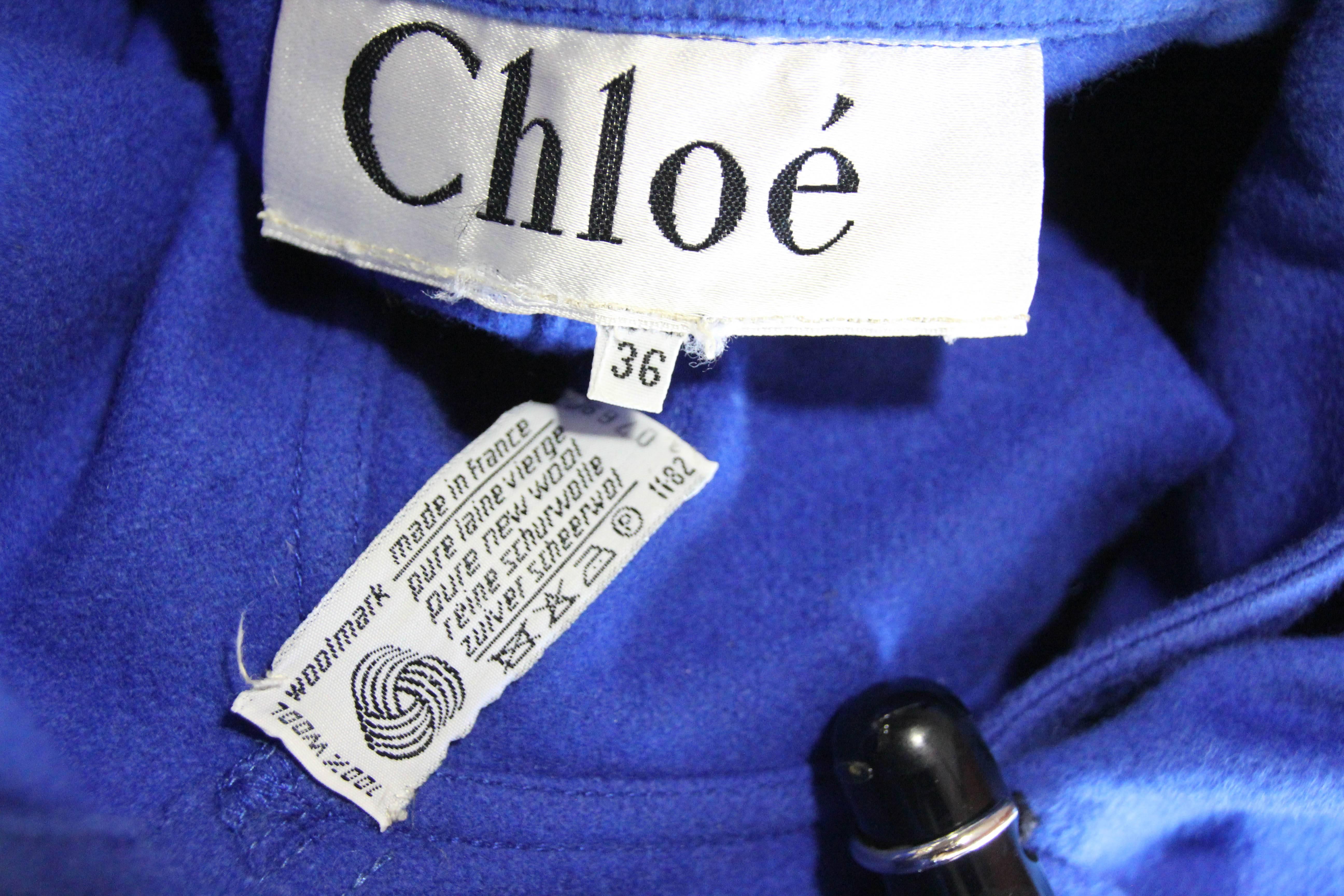 1980s Chloe Electric Blue Wool Felt Swing Coat w Asymetrical Collar 4