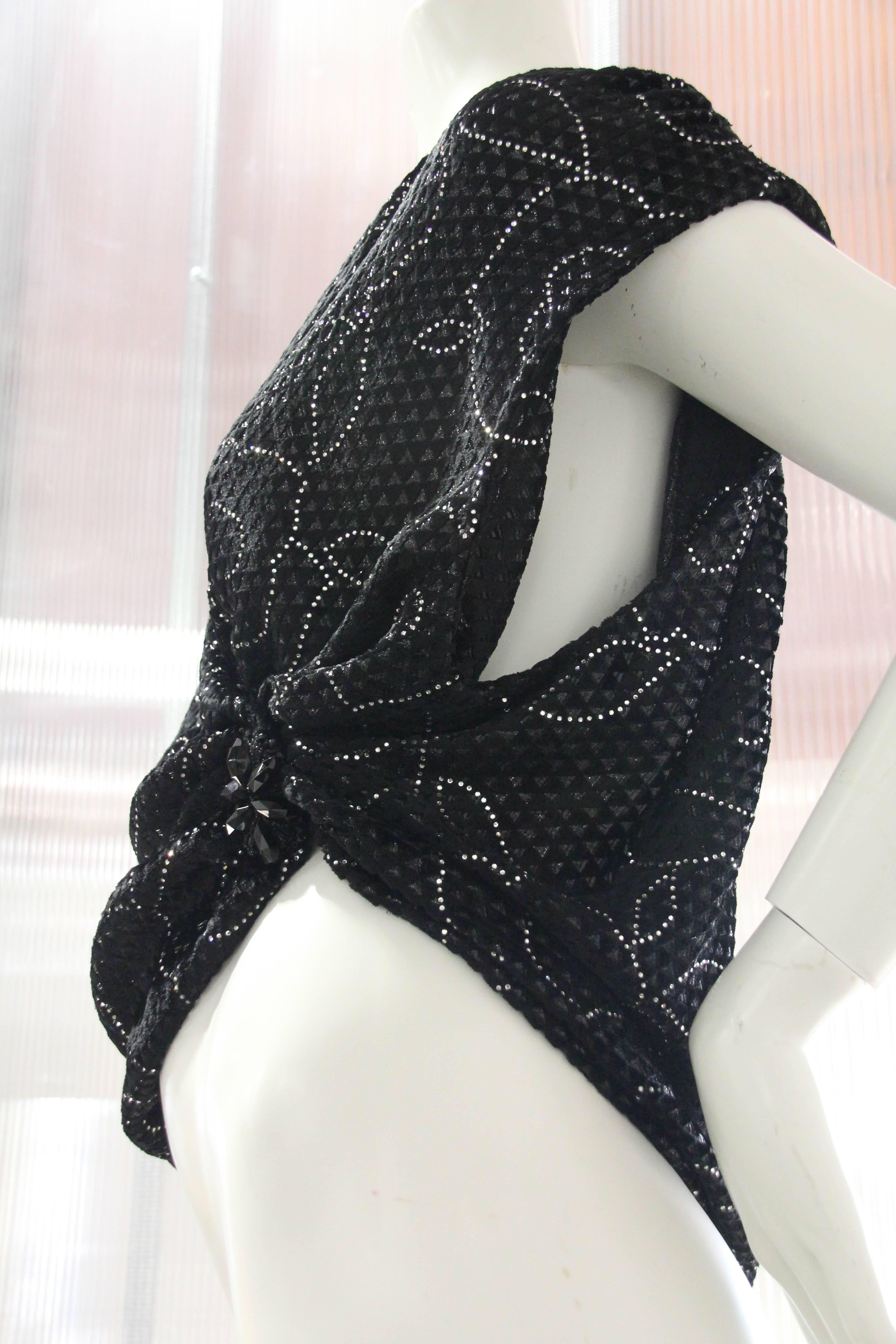 Black 1980s Emanuel Ungaro Couture Wrap Top with Channel-Set Rhinestone Embellishment