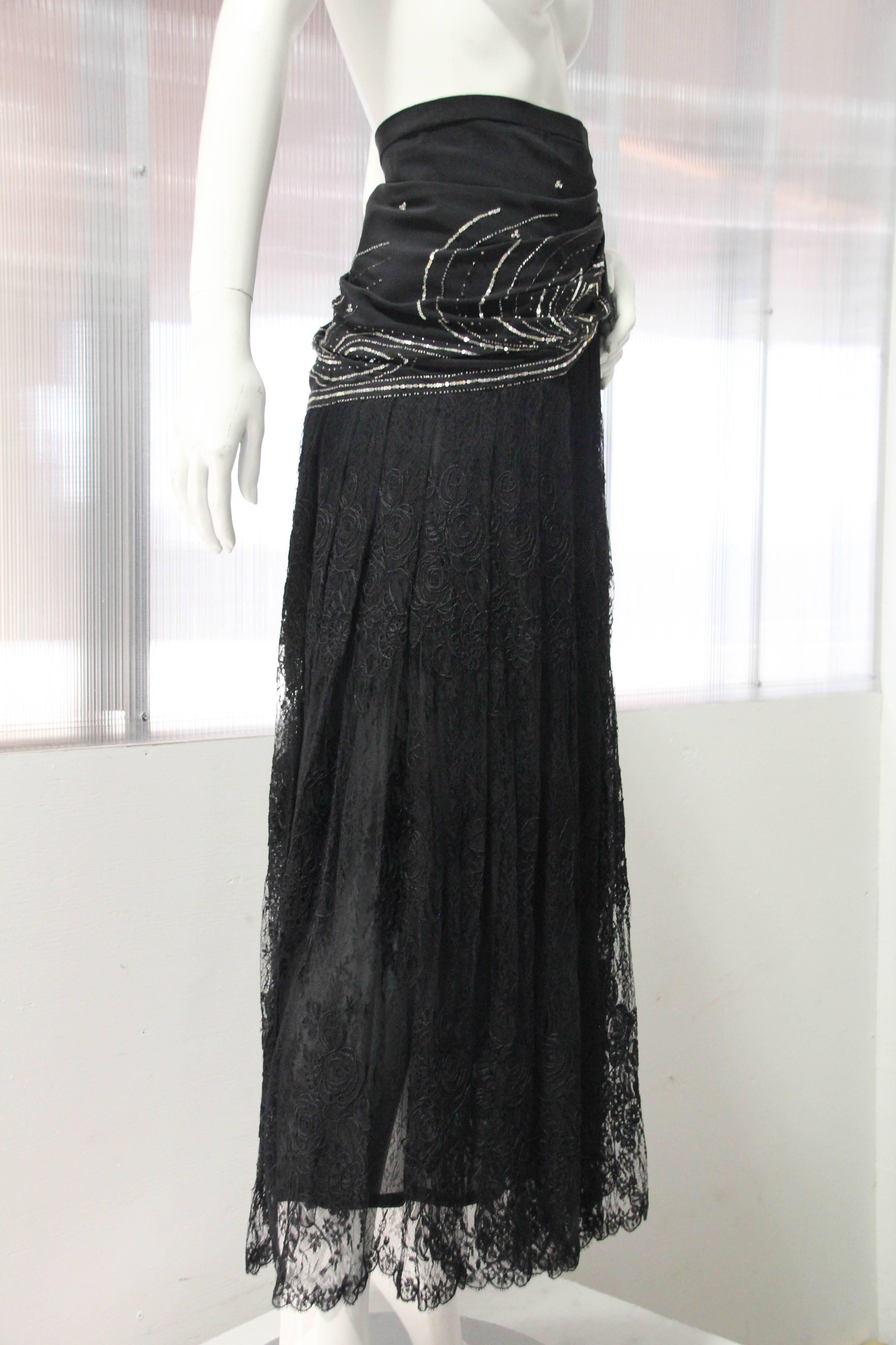 1980s Emanuel Ungaro Couture Beaded and Sequined French Lace Wrap Maxi Skirt For Sale 2