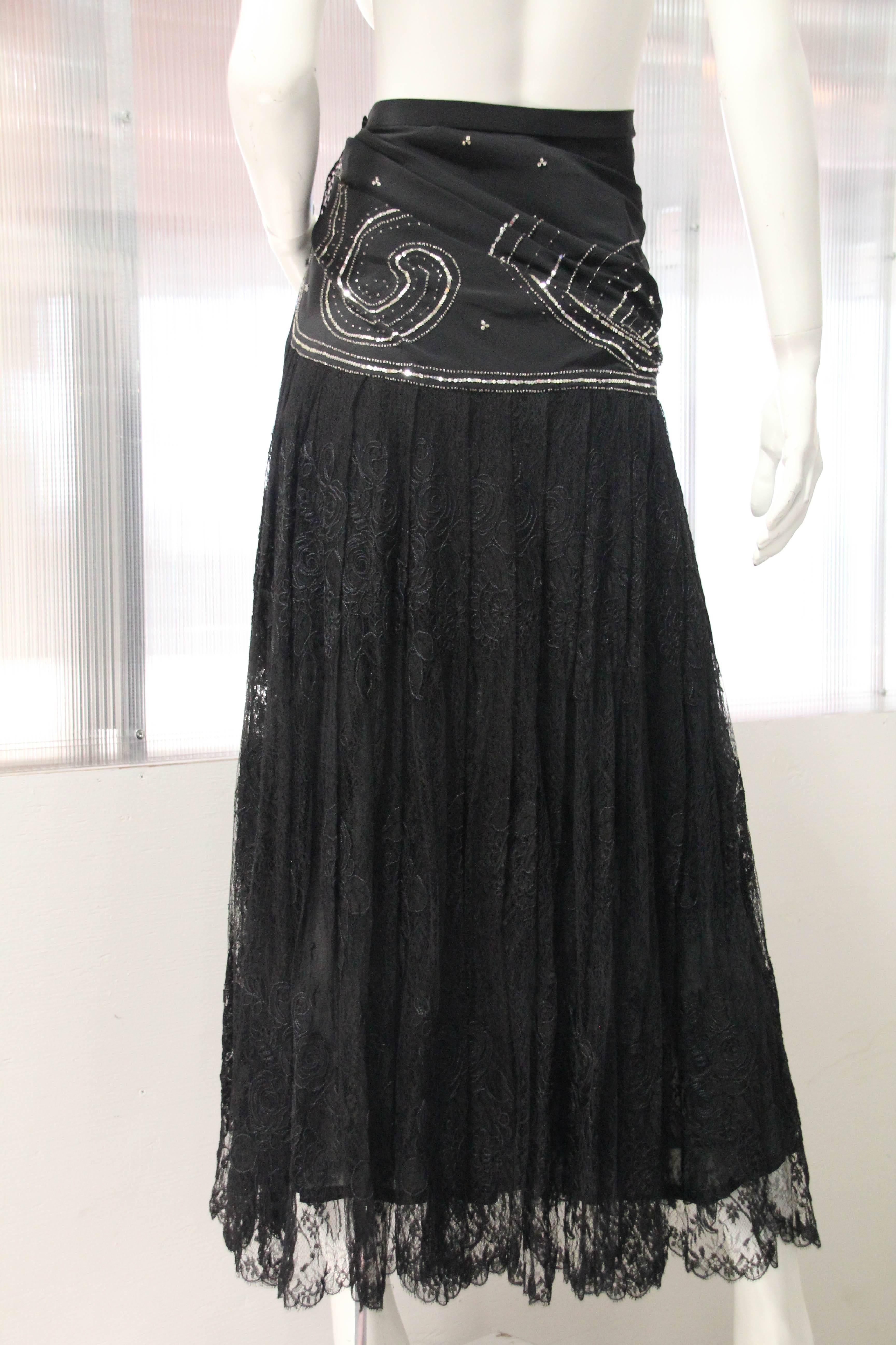 1980s Emanuel Ungaro Couture Beaded and Sequined French Lace Wrap Maxi Skirt For Sale 1