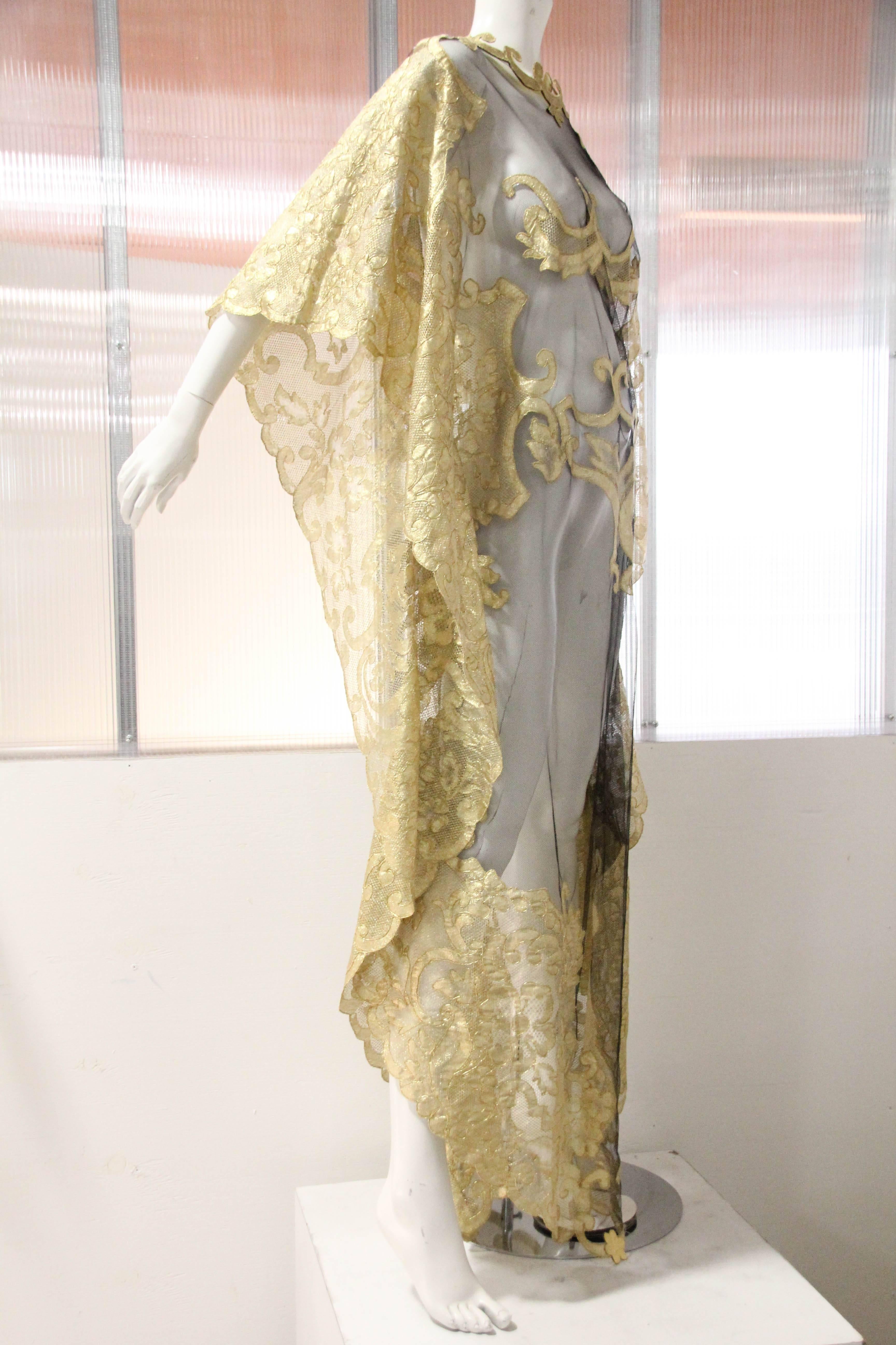 Beige Custom Made Black Tulle Kaftan with French Gold Lame Lace Applique 