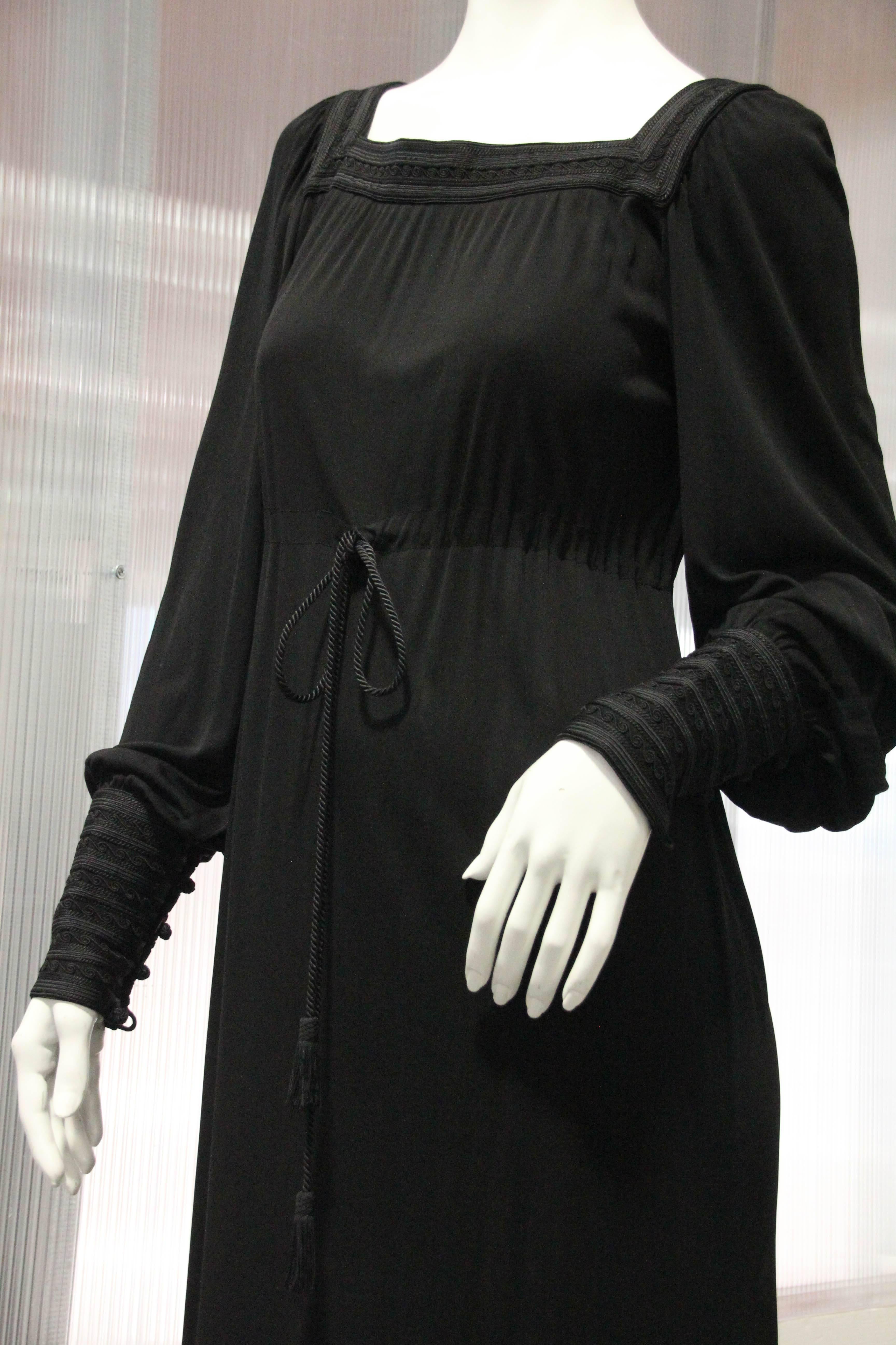 Women's 1970s Yves Saint Laurent Black Rayon Jersey Dress Square Moroccan Braid Trim For Sale