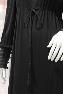 1970s Yves Saint Laurent Black Rayon Jersey Dress Square Moroccan Braid Trim