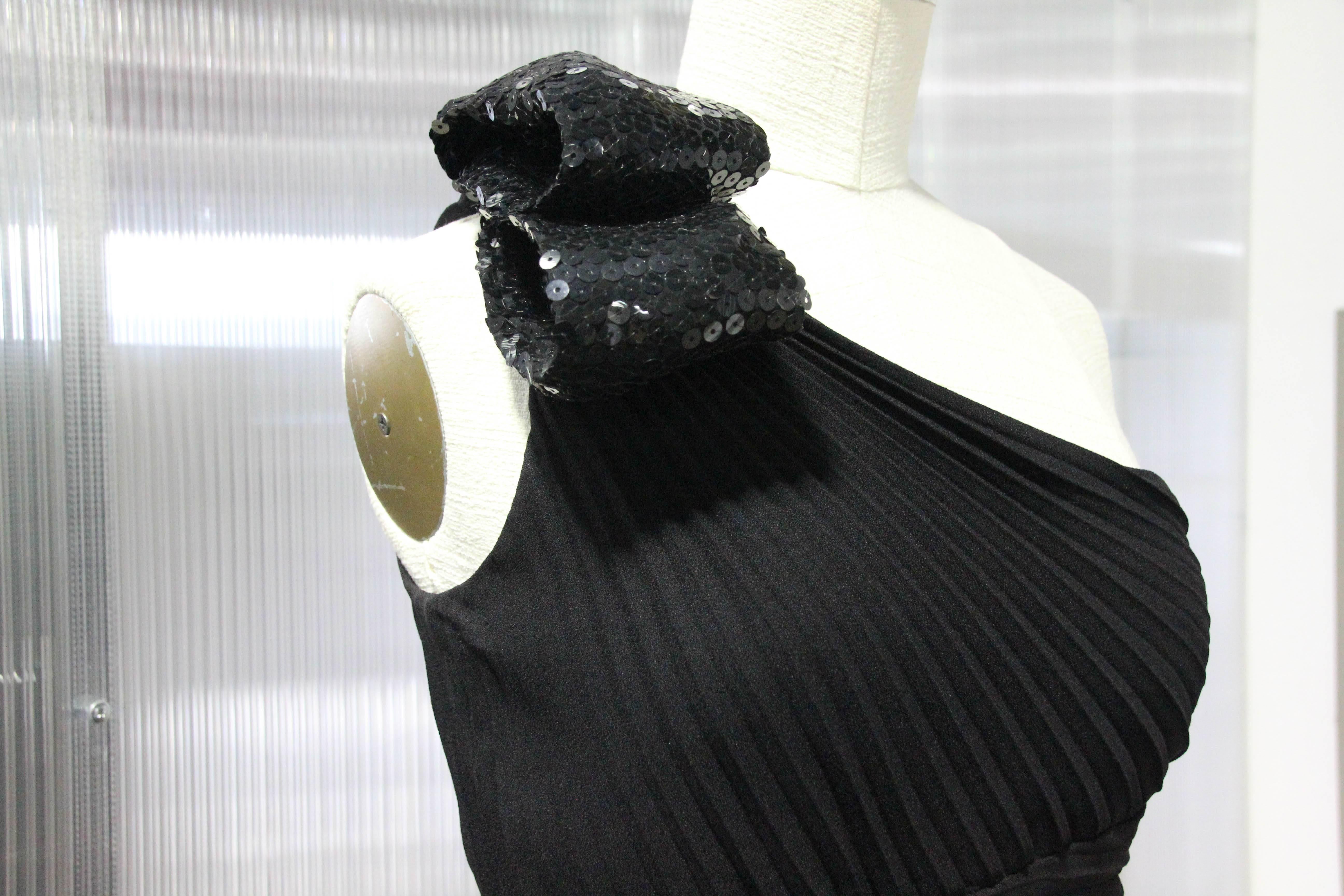 1970s Lorris Azzaro Black Rayon Crepe One-Shoulder Sequin Panel Pleated Gown  For Sale 1