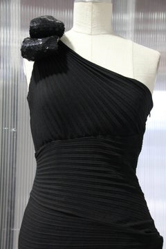 1970s Lorris Azzaro Black Rayon Crepe One-Shoulder Sequin Panel Pleated Gown