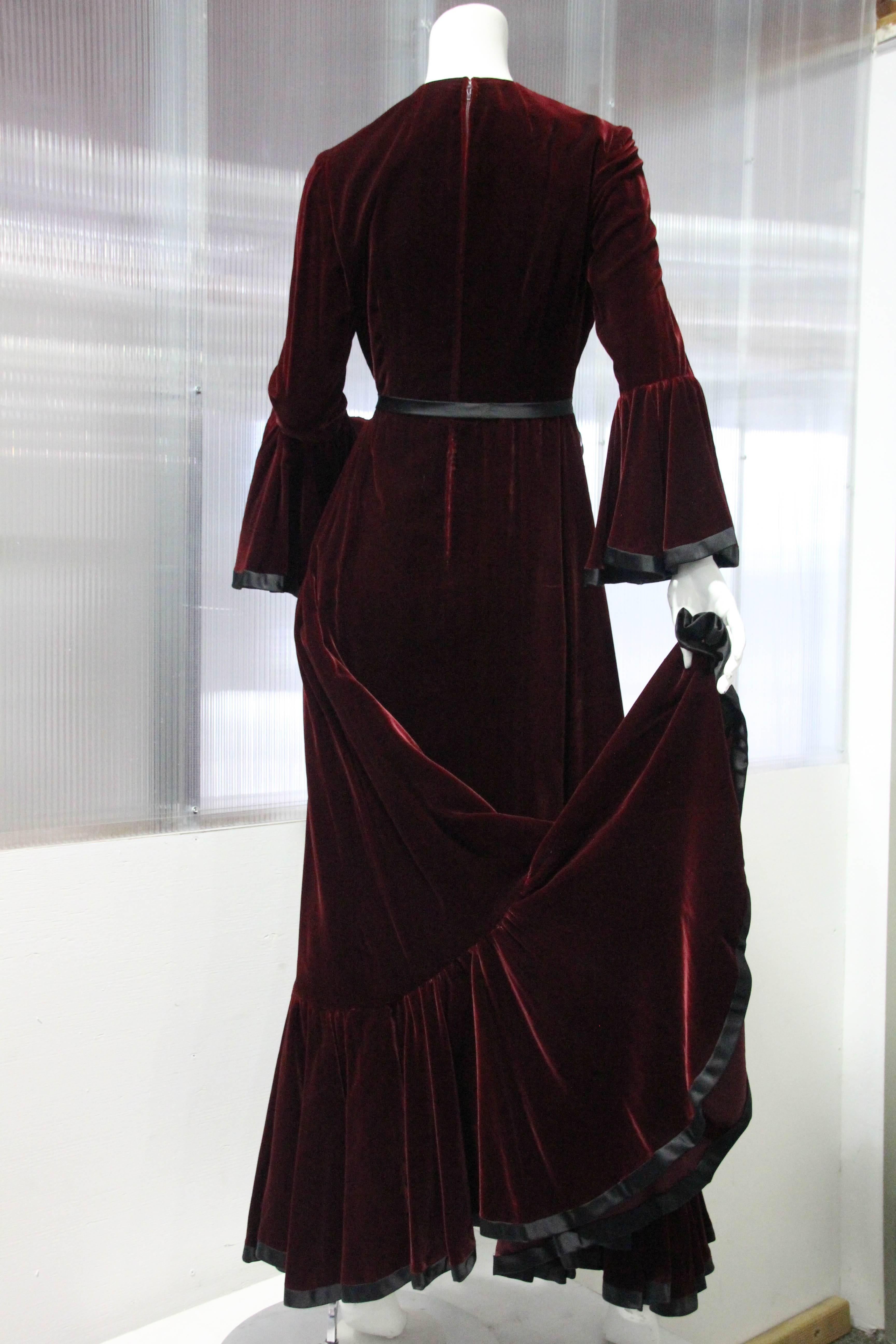 Black Late 1960s Ferdinando Sarmi Burgundy Velvet Gown with Flared Cuffs and Hem For Sale