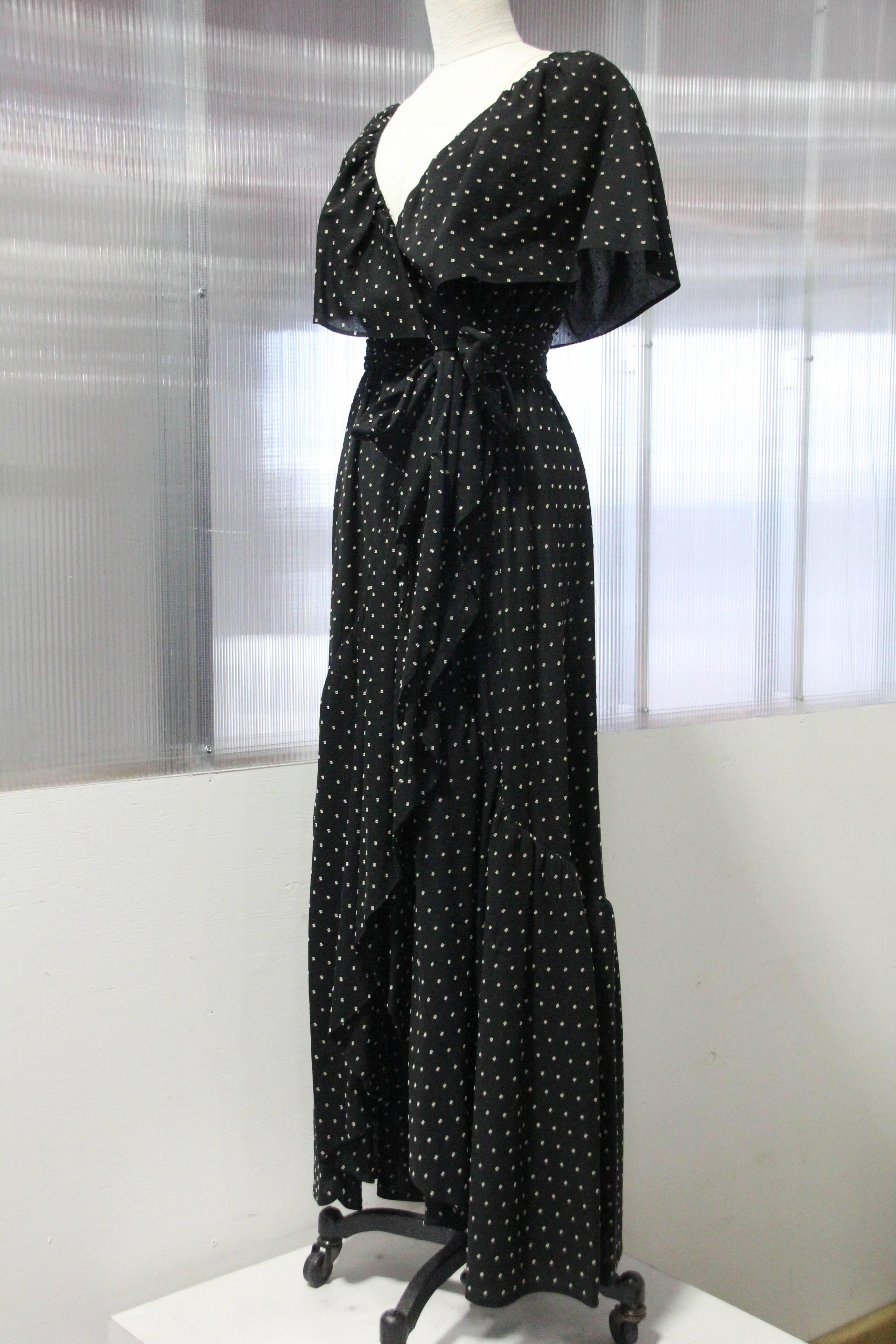 Black 1980s Halston Dotted Cotton Voile Wrap Gown with Ruffled Collar and Leg Slit
