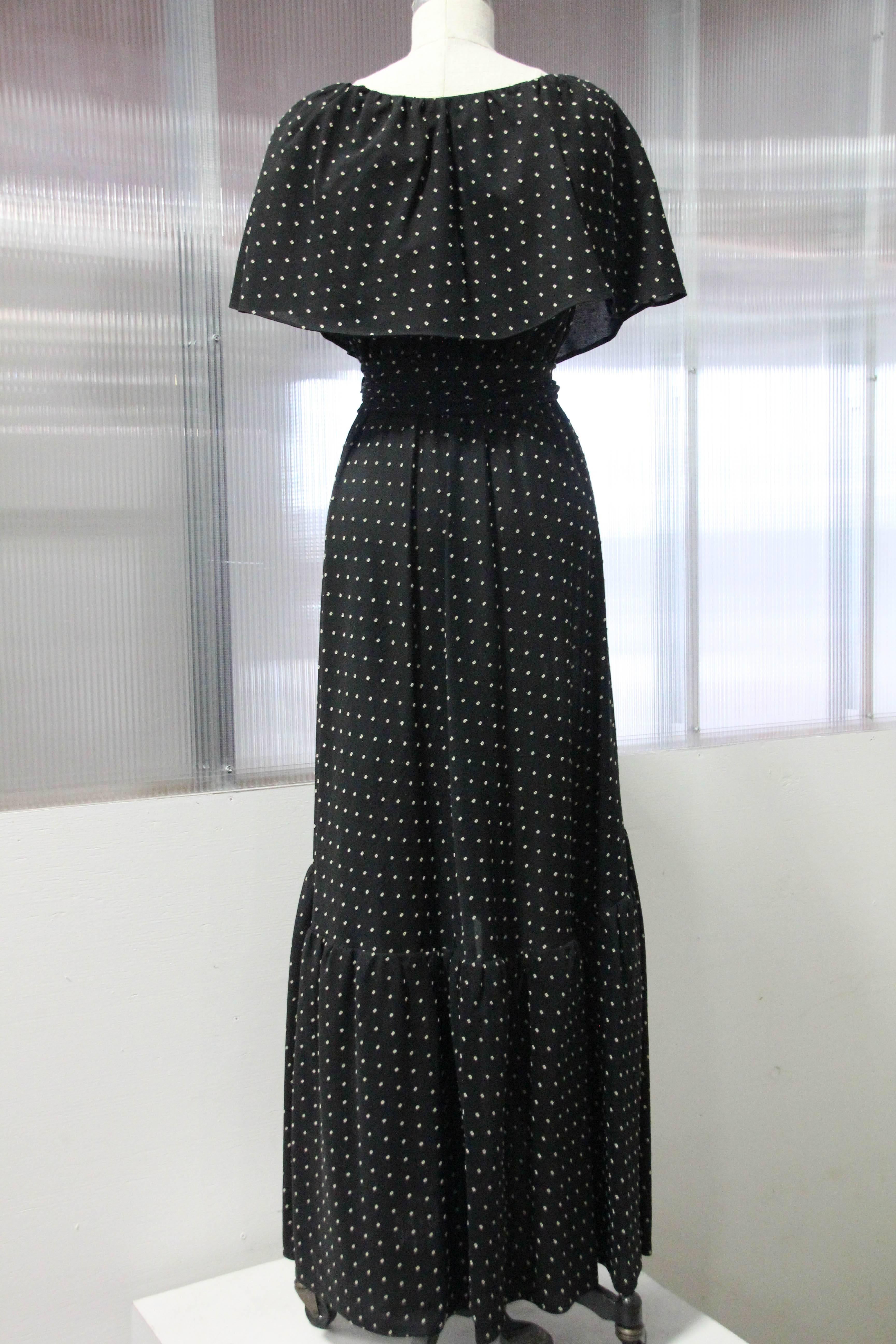 Women's 1980s Halston Dotted Cotton Voile Wrap Gown with Ruffled Collar and Leg Slit