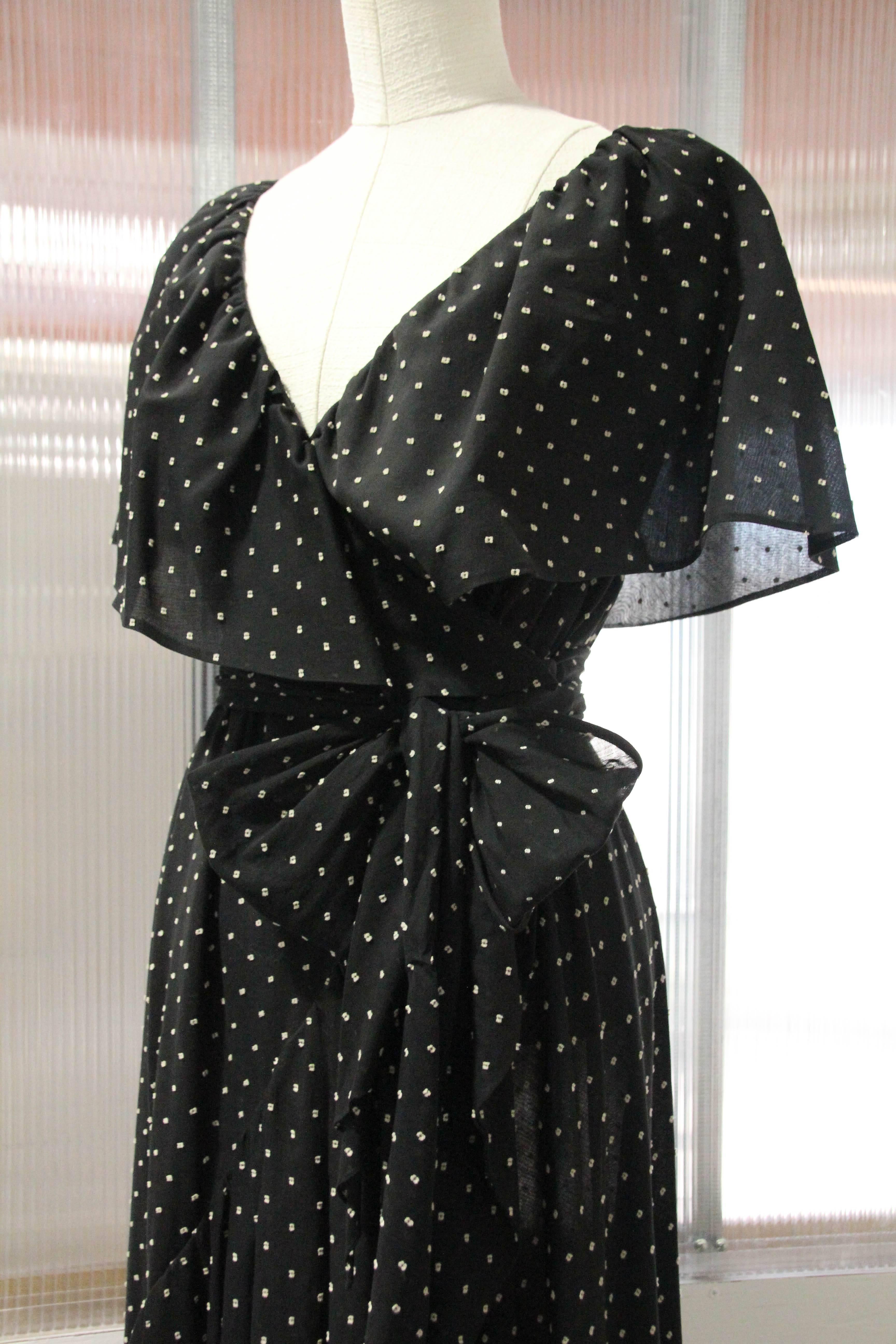 1980s Halston Dotted Cotton Voile Wrap Gown with Ruffled Collar and Leg Slit 2