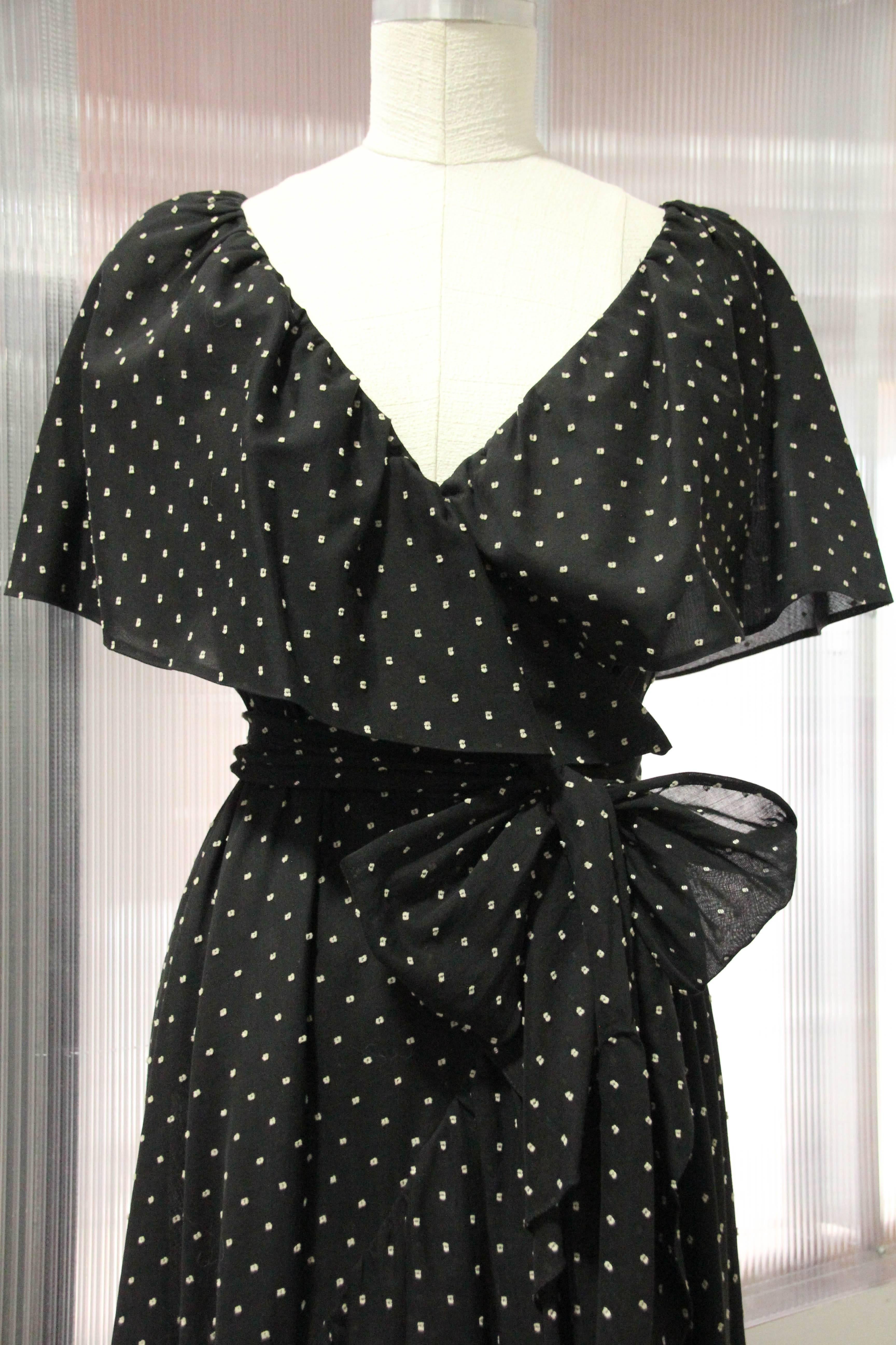 1980s Halston Dotted Cotton Voile Wrap Gown with Ruffled Collar and Leg Slit 1