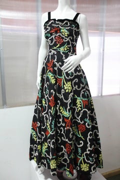 Late 1930s Couture Black Silk Lace Gown with Caviar Sequin Floral Tracery