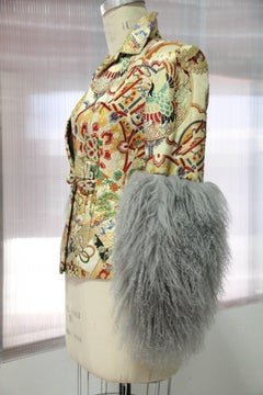 1940s Chinese Gold Brocade Jacket with Mongolian Lamb Sleeves