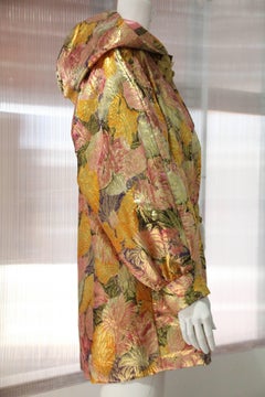 1980s Fernando Sanchez Gold Brocade Bed Jacket & Pink Silk Lined Hood