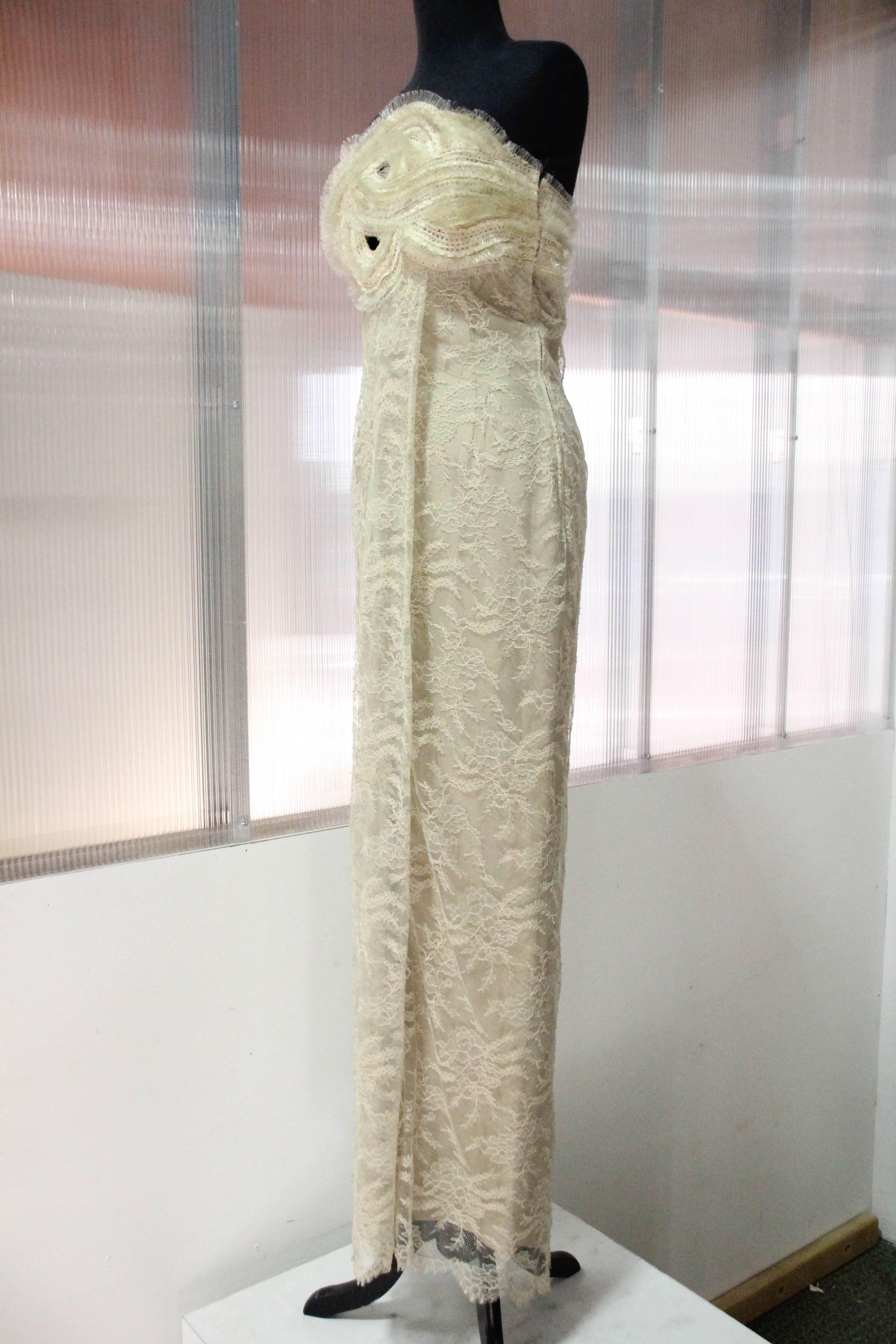 Beige 1990s Gianfranco Ferre Ecru French Lace and Horsehair Braid Strapless Gown For Sale