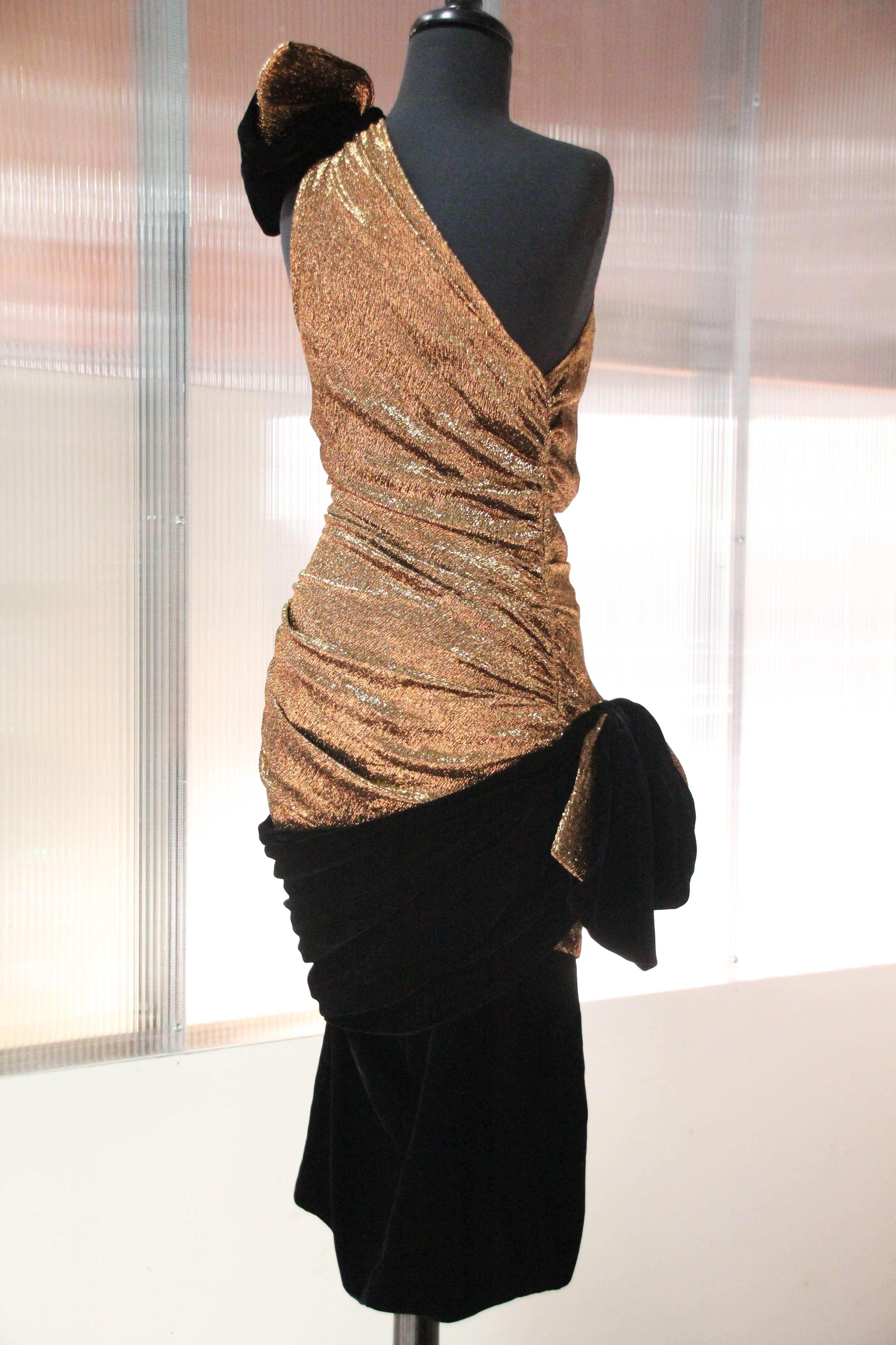 Black 1980s Copper Metallic One-Shoulder Cocktail Dress with Velvet Bows
