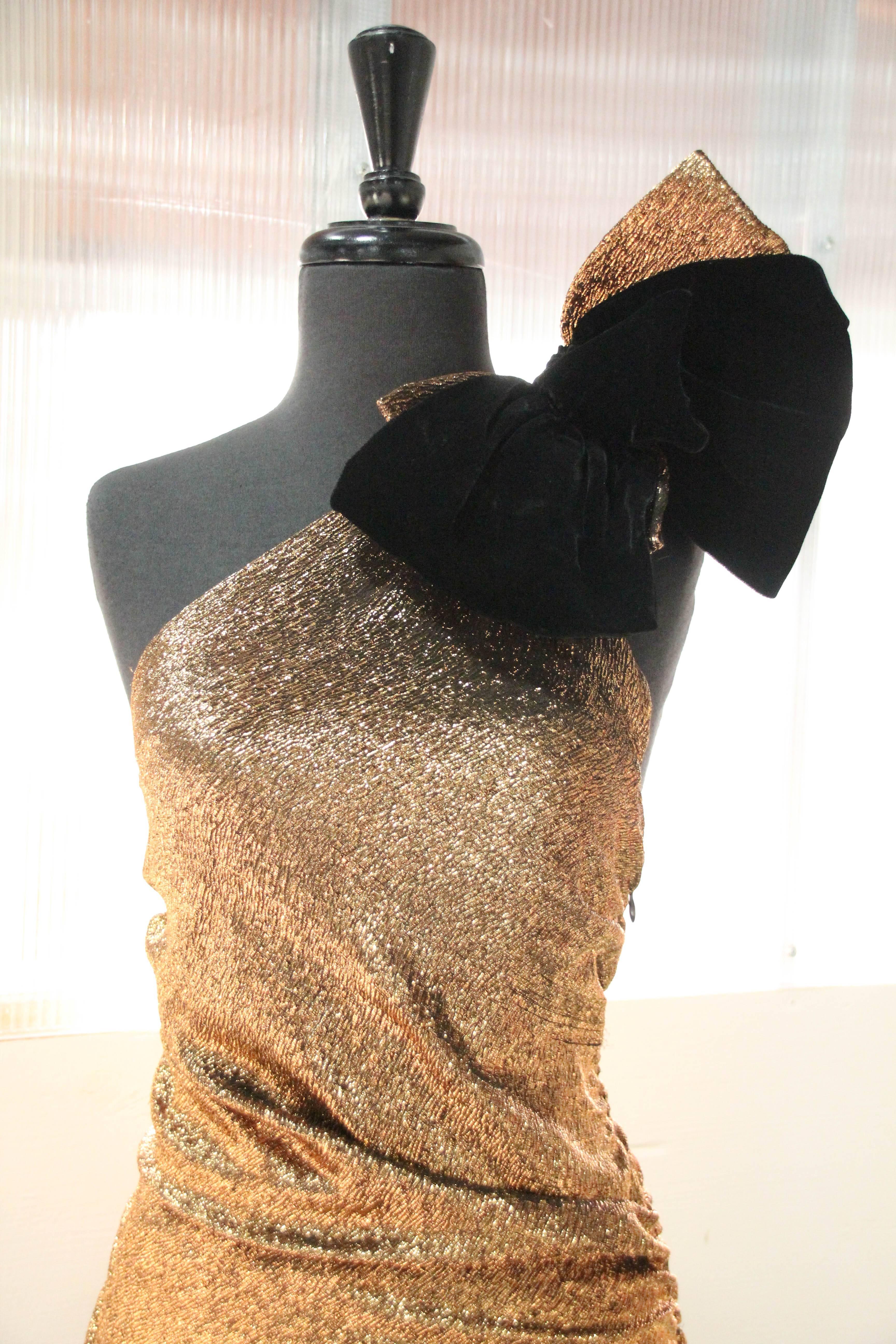 1980s Copper Metallic One-Shoulder Cocktail Dress with Velvet Bows 1