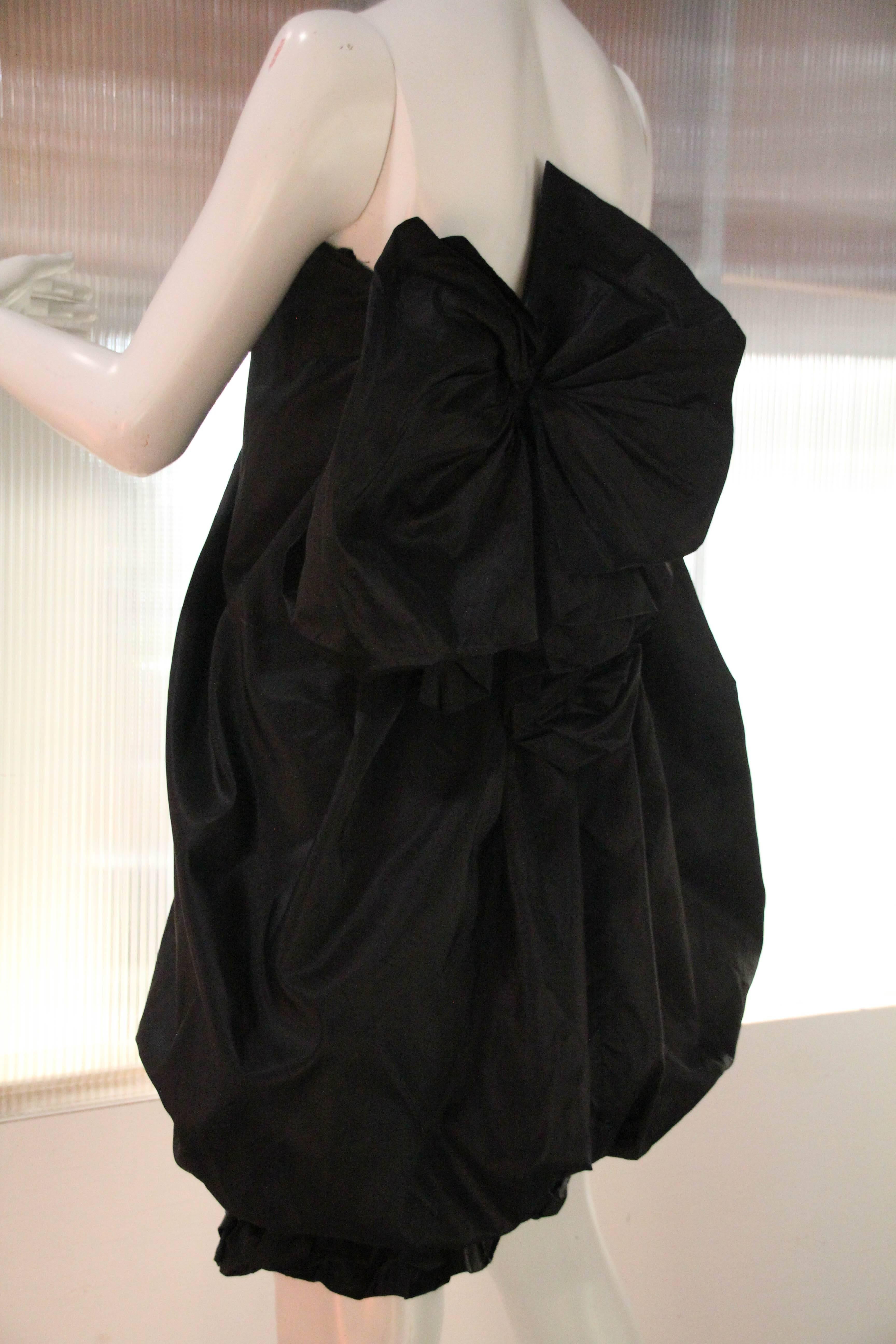 Early 1980s Yves Saint Laurent Black Silk Taffeta Strapless Bubble Mini Dress  2