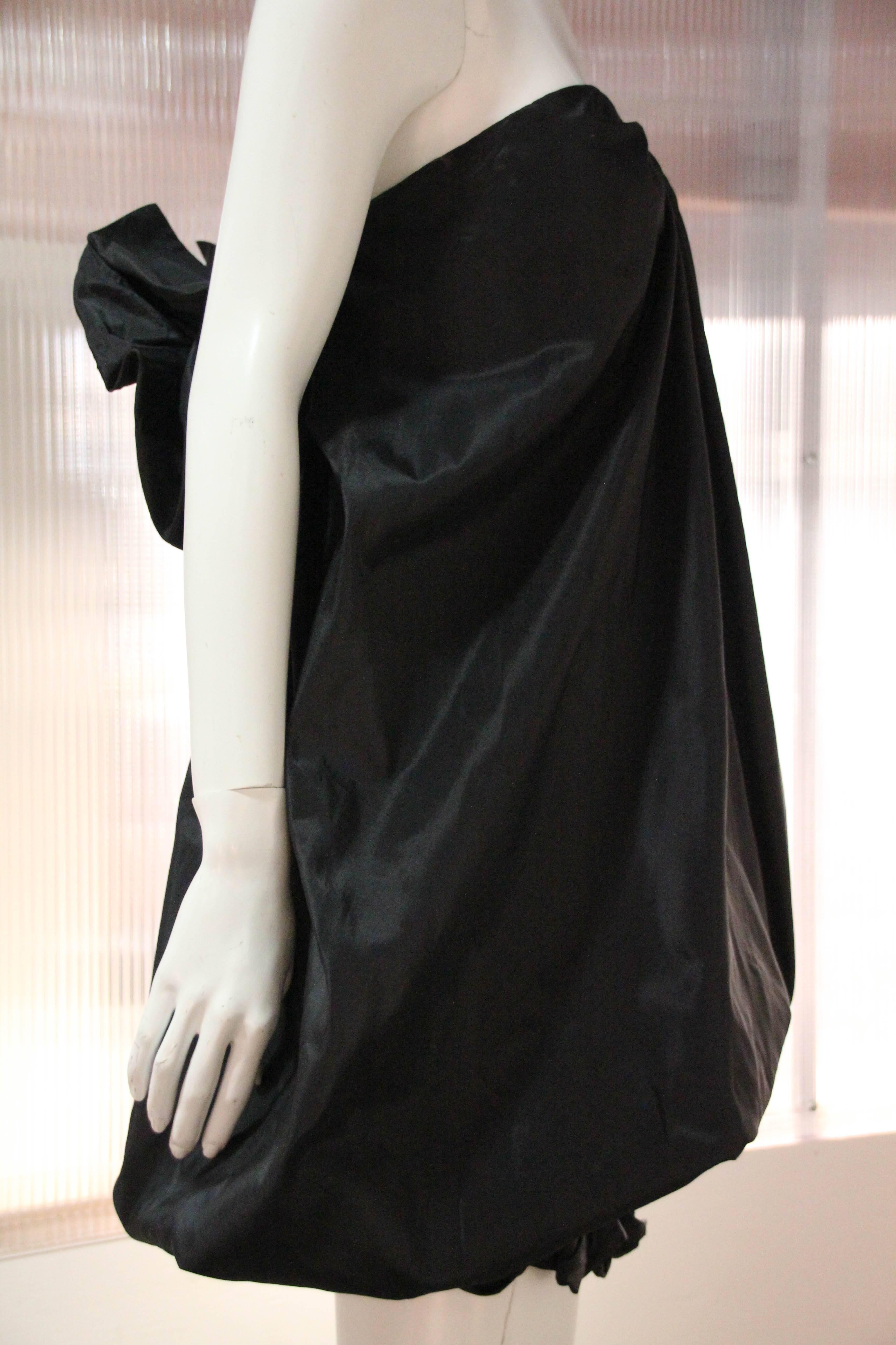 Women's Early 1980s Yves Saint Laurent Black Silk Taffeta Strapless Bubble Mini Dress 
