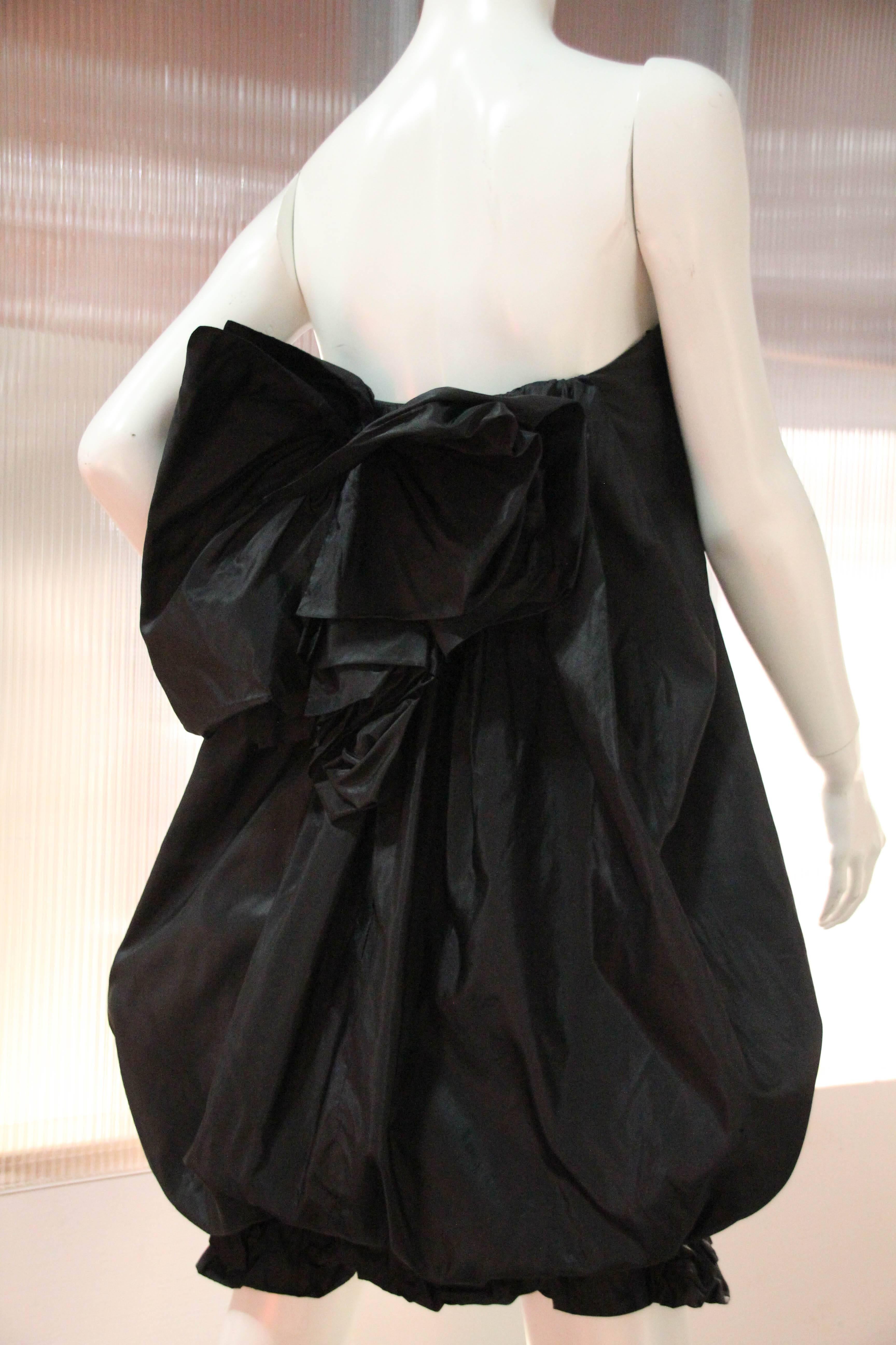 Early 1980s Yves Saint Laurent Black Silk Taffeta Strapless Bubble Mini Dress  1