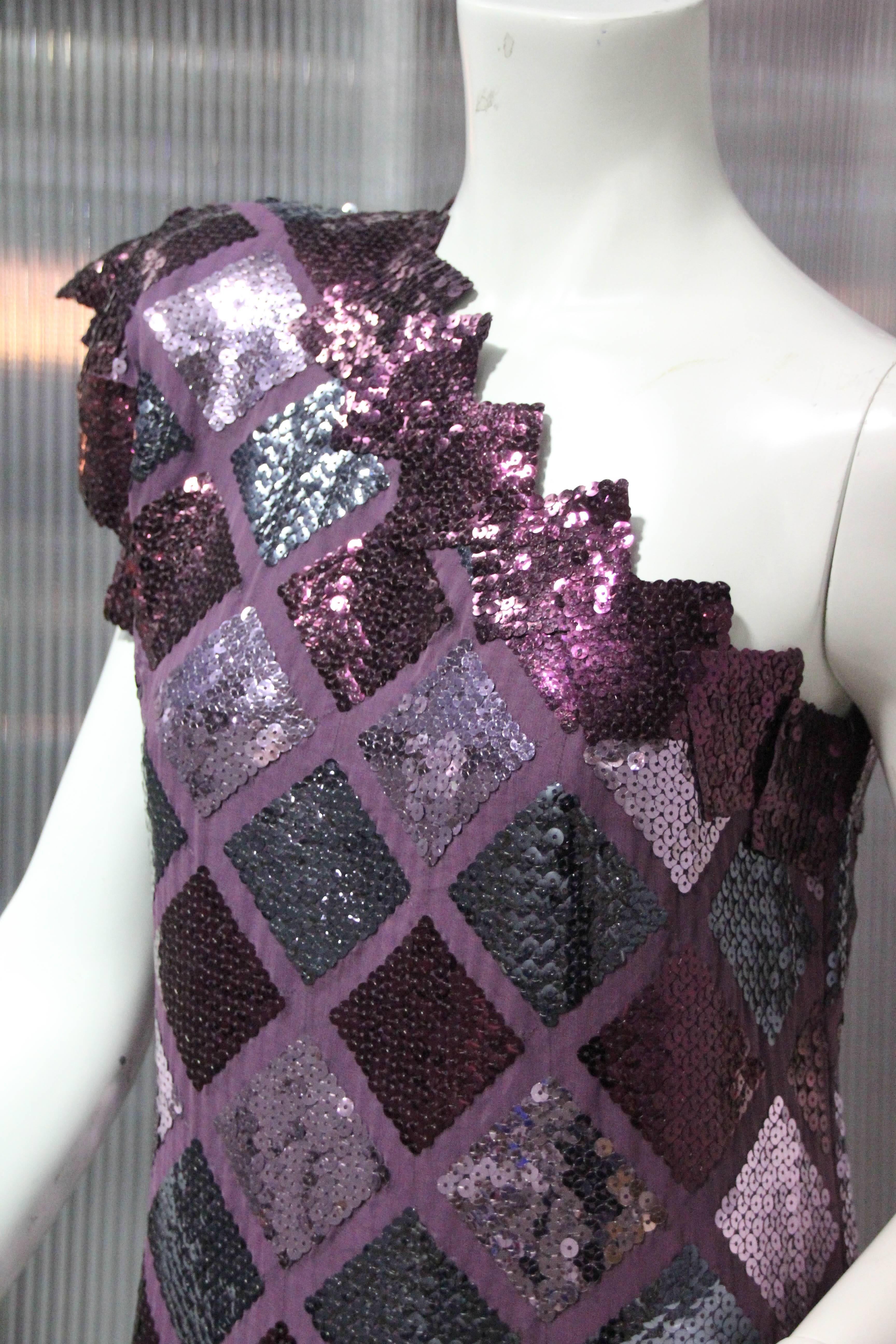 Women's 1980s One-Shoulder Burgundy & Gunmetal Harlequin Sequin Dress For Sale