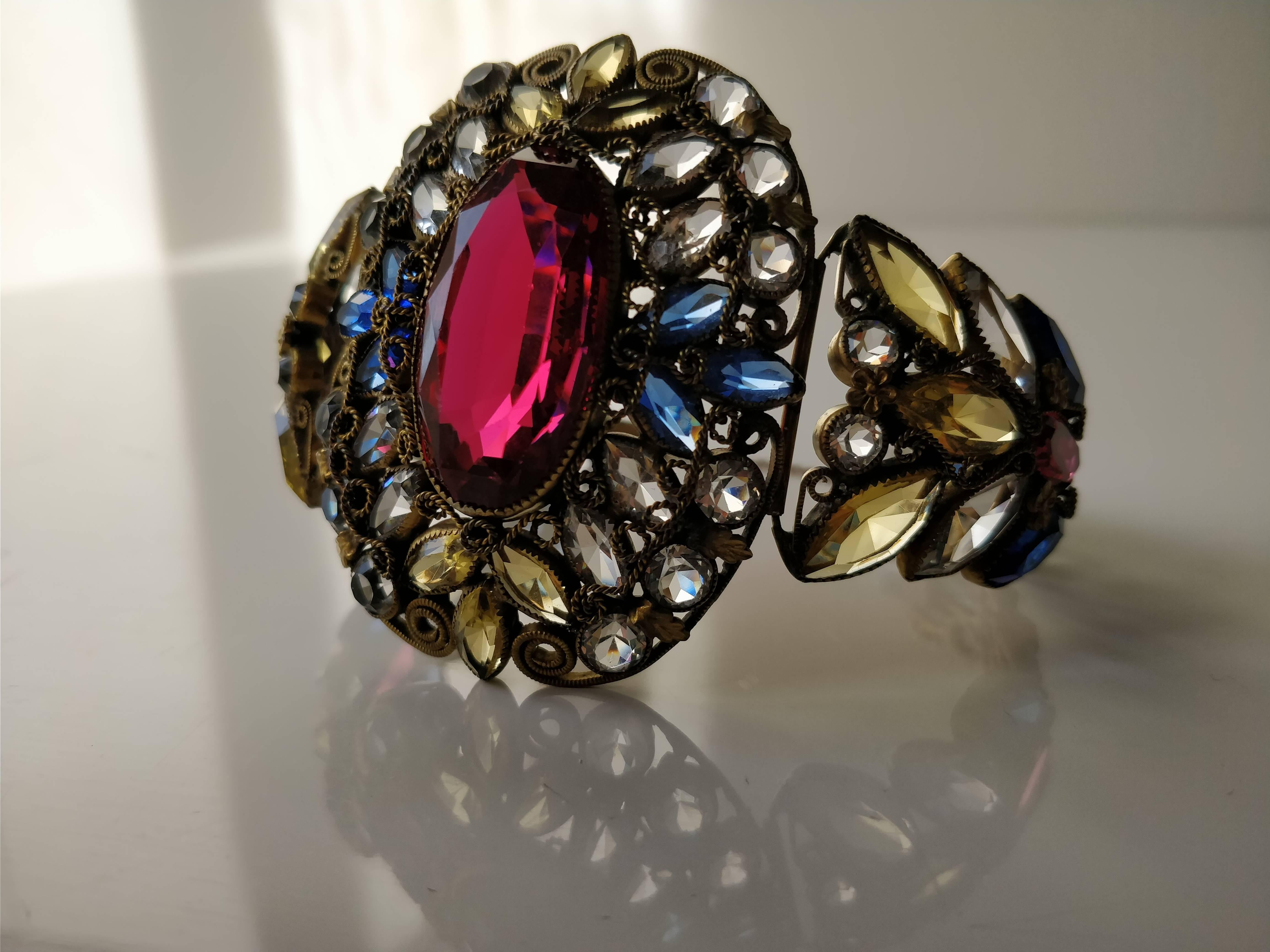 Women's or Men's 1940s Hobe Stained Glass-Effect Ruby Glass Cuff Bracelet