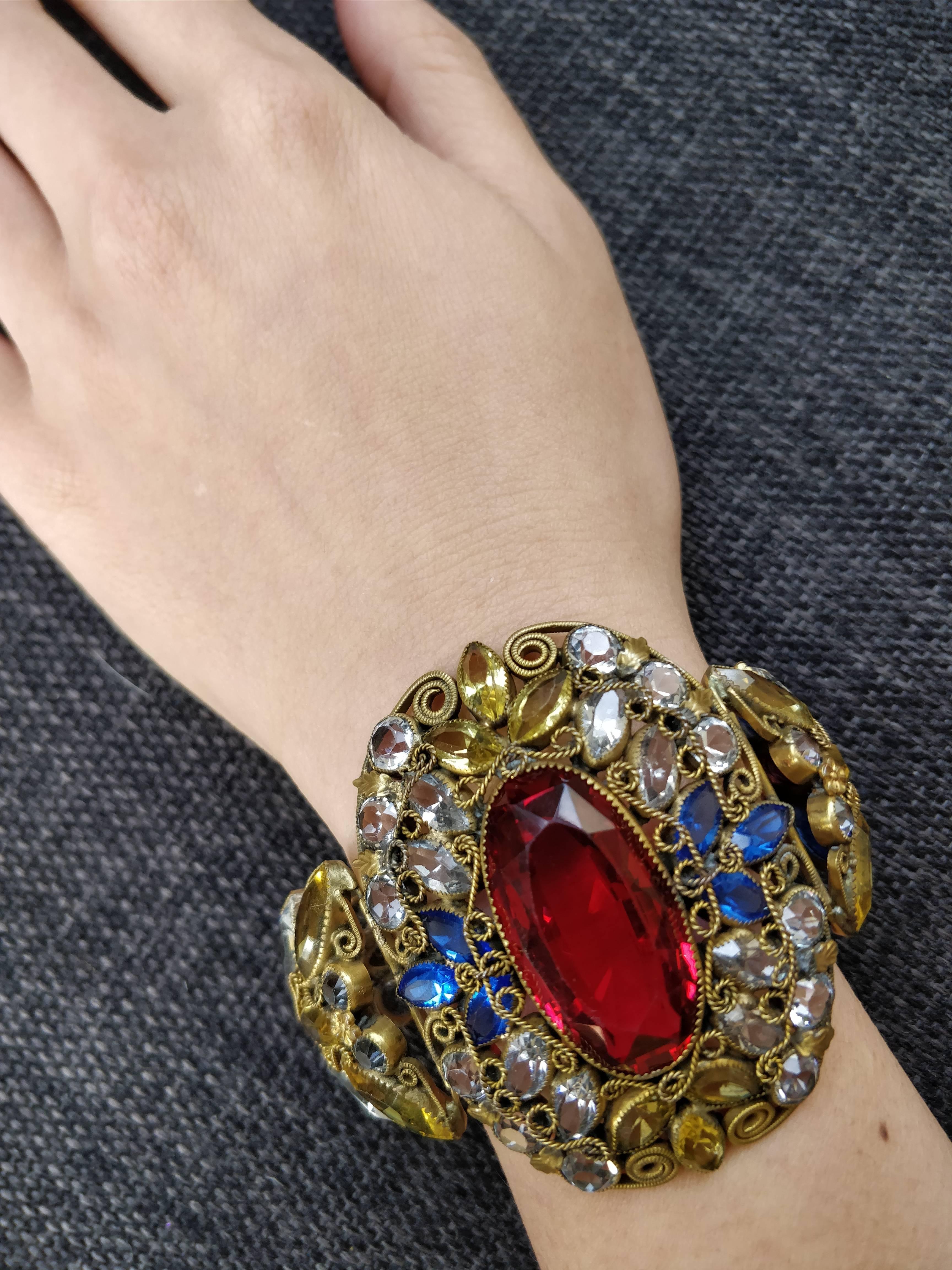 Baroque Revival 1940s Hobe Stained Glass-Effect Ruby Glass Cuff Bracelet
