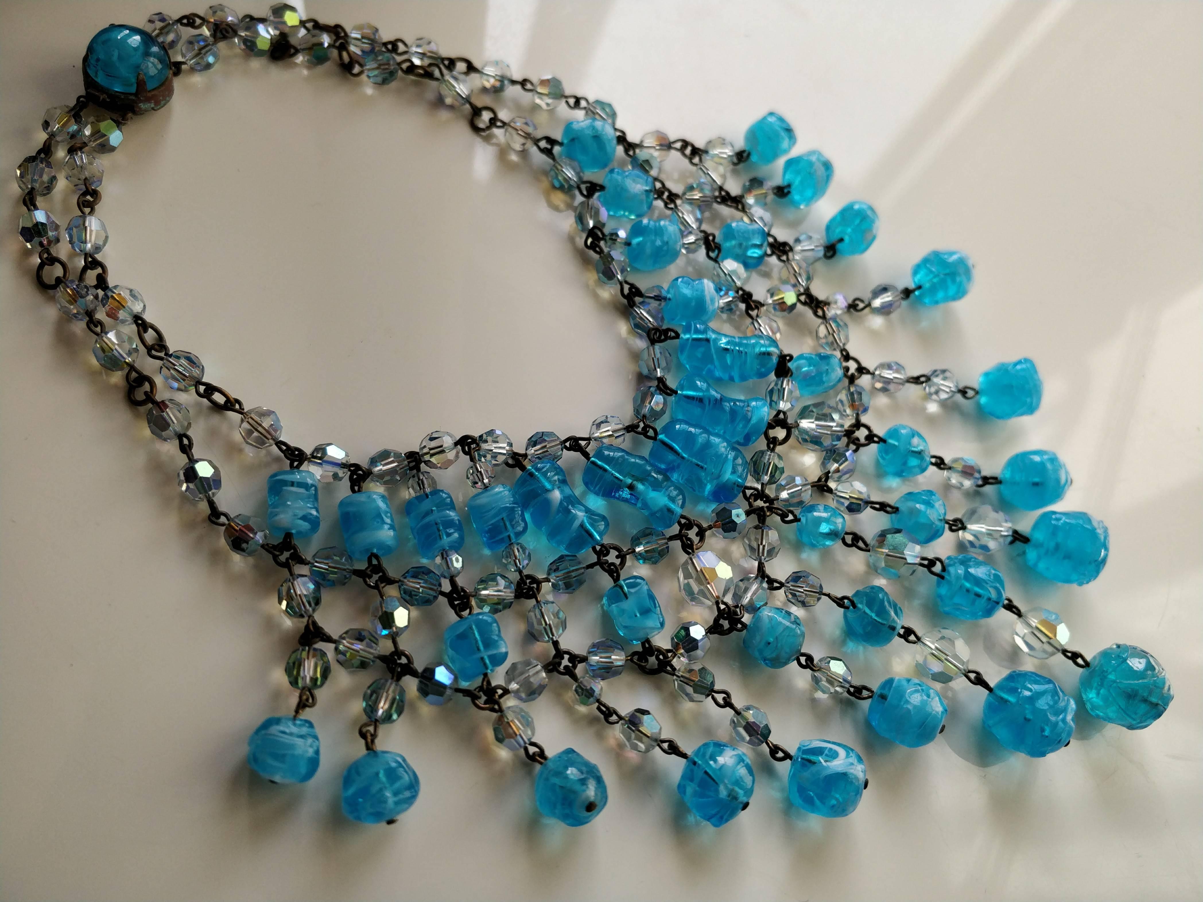1960s Aqua color poured glass bead and crystal waterfall bib choker necklace. Neck length is 15 inches. Individually linked throughout with a double strand closure. Poured glass clasp. Drop is 4.5 inches. 