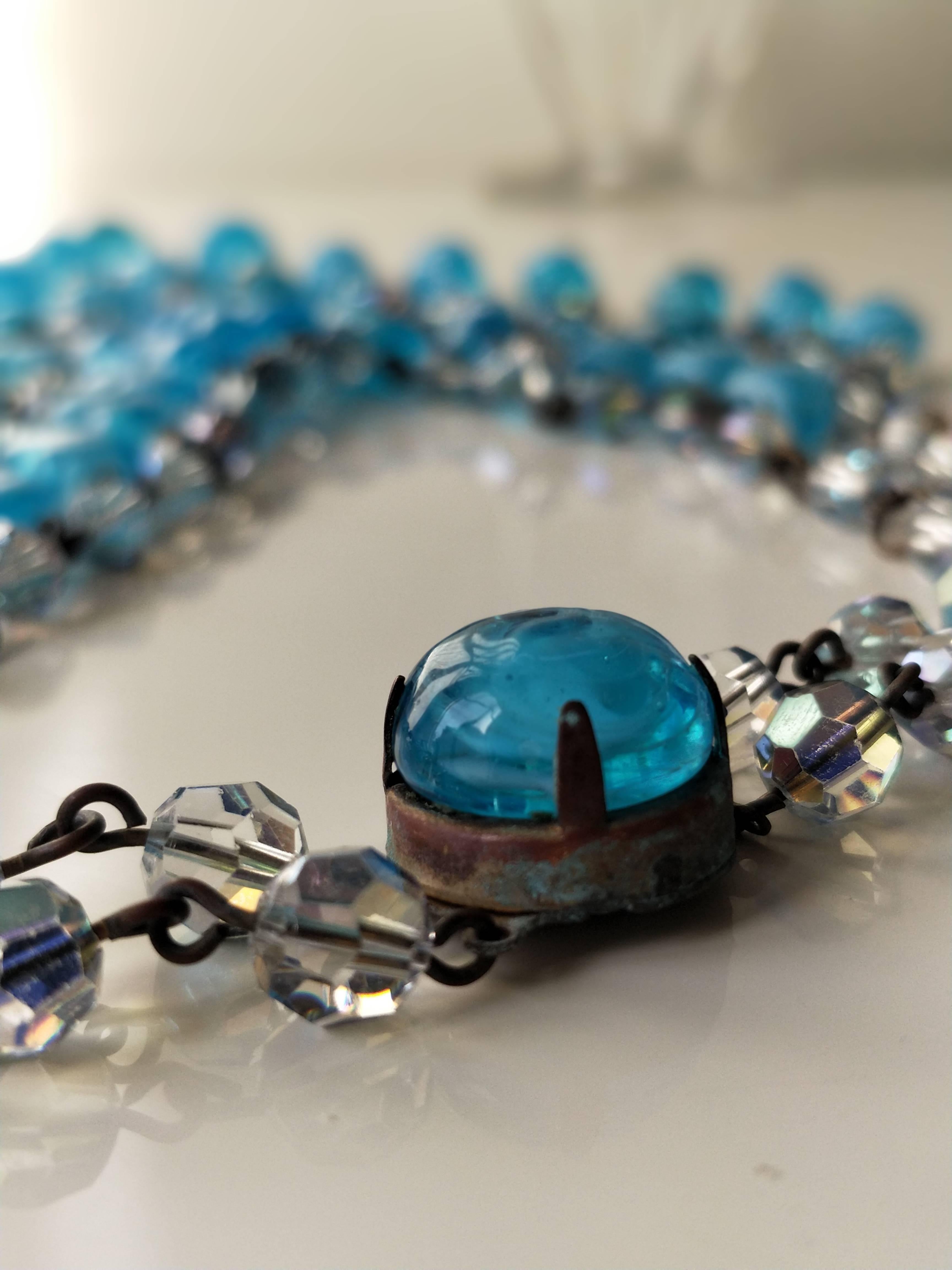 Modern 1960s Aqua Poured Glass Bead Waterfall Bib Necklace