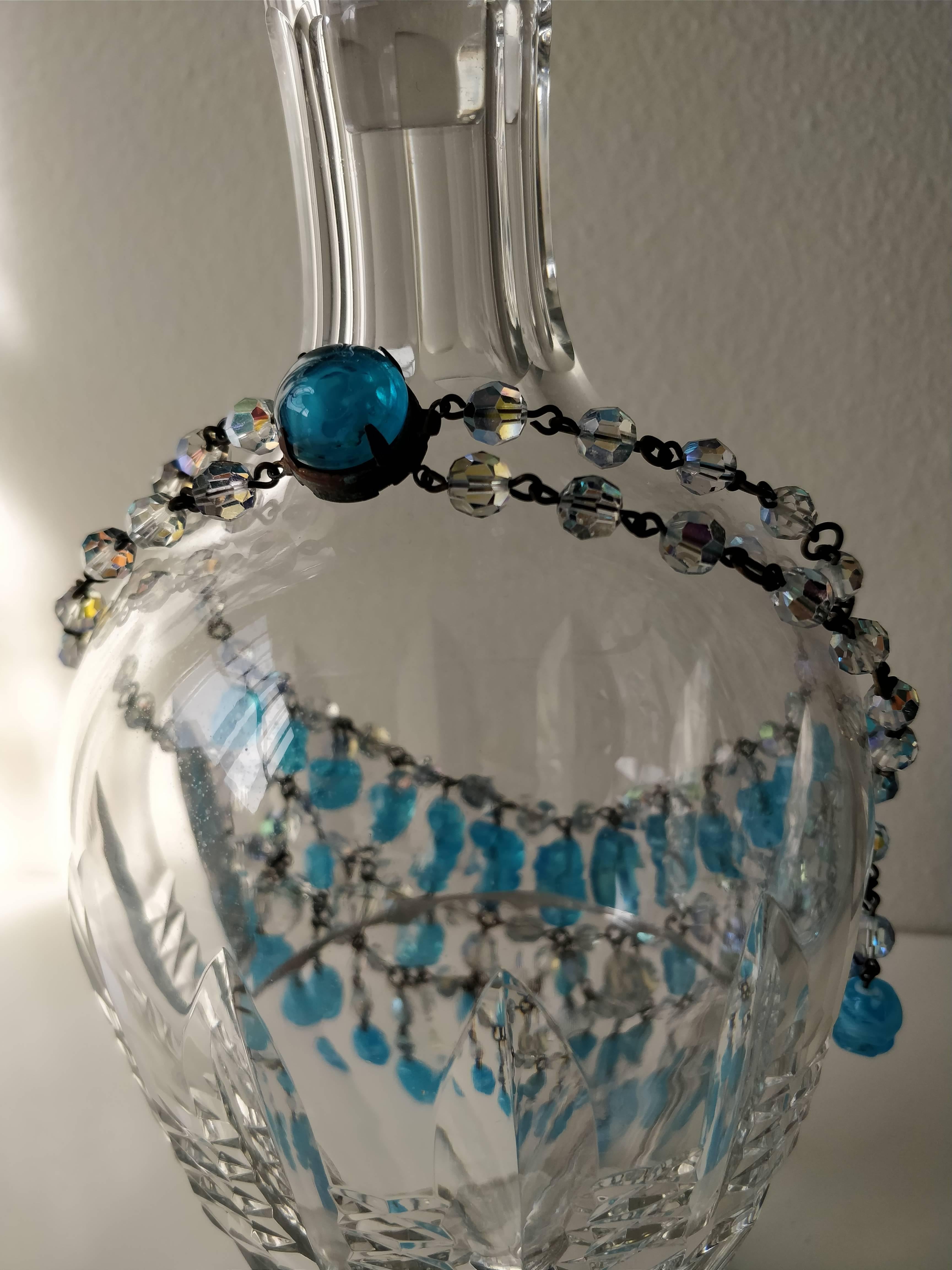 1960s Aqua Poured Glass Bead Waterfall Bib Necklace 1