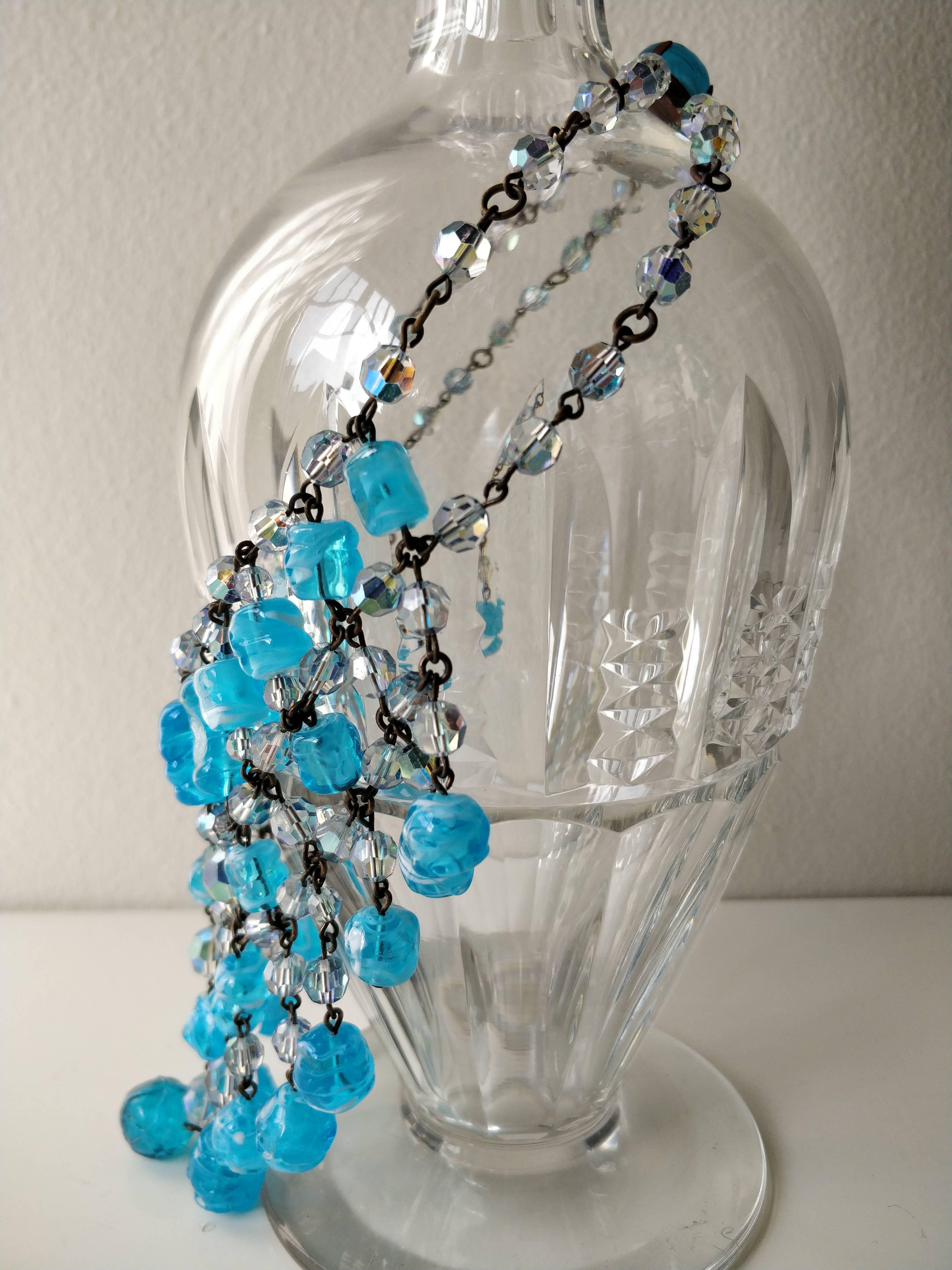Women's 1960s Aqua Poured Glass Bead Waterfall Bib Necklace