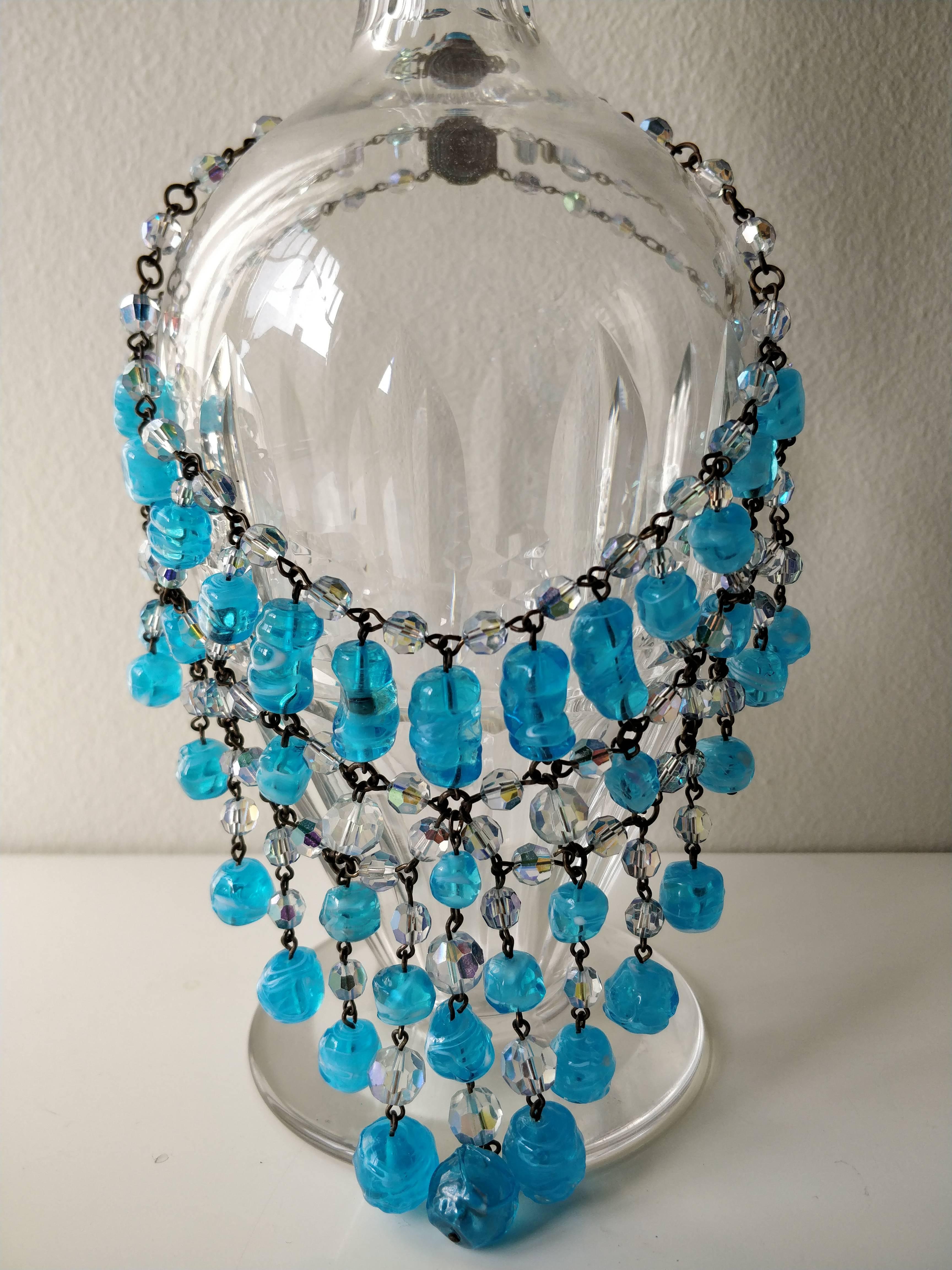 1960s Aqua Poured Glass Bead Waterfall Bib Necklace In Excellent Condition In Gresham, OR