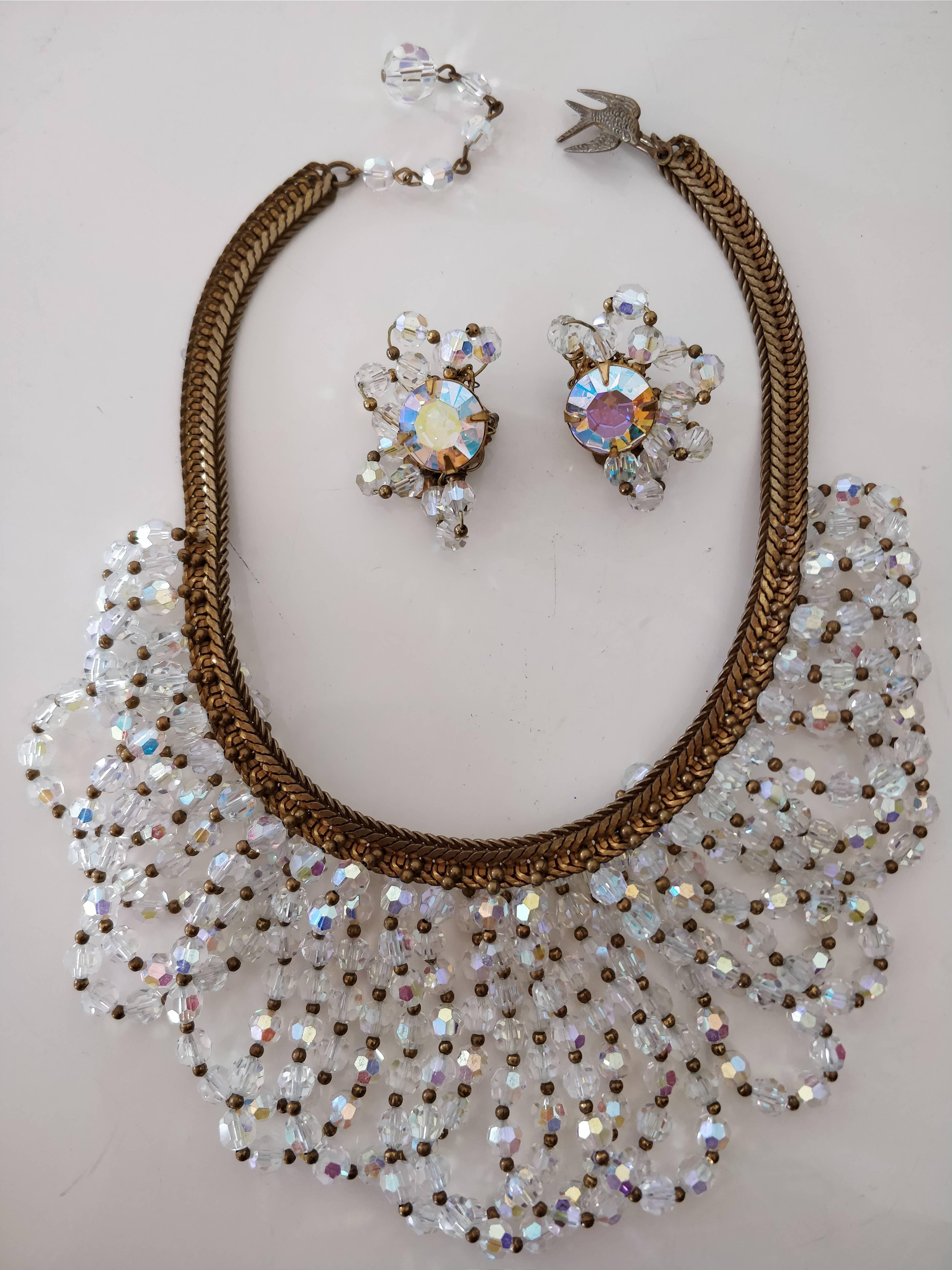 Modern 1960s Josef Morton Serpentine Chain Necklace w Crystal Waterfall Bib & Earrings