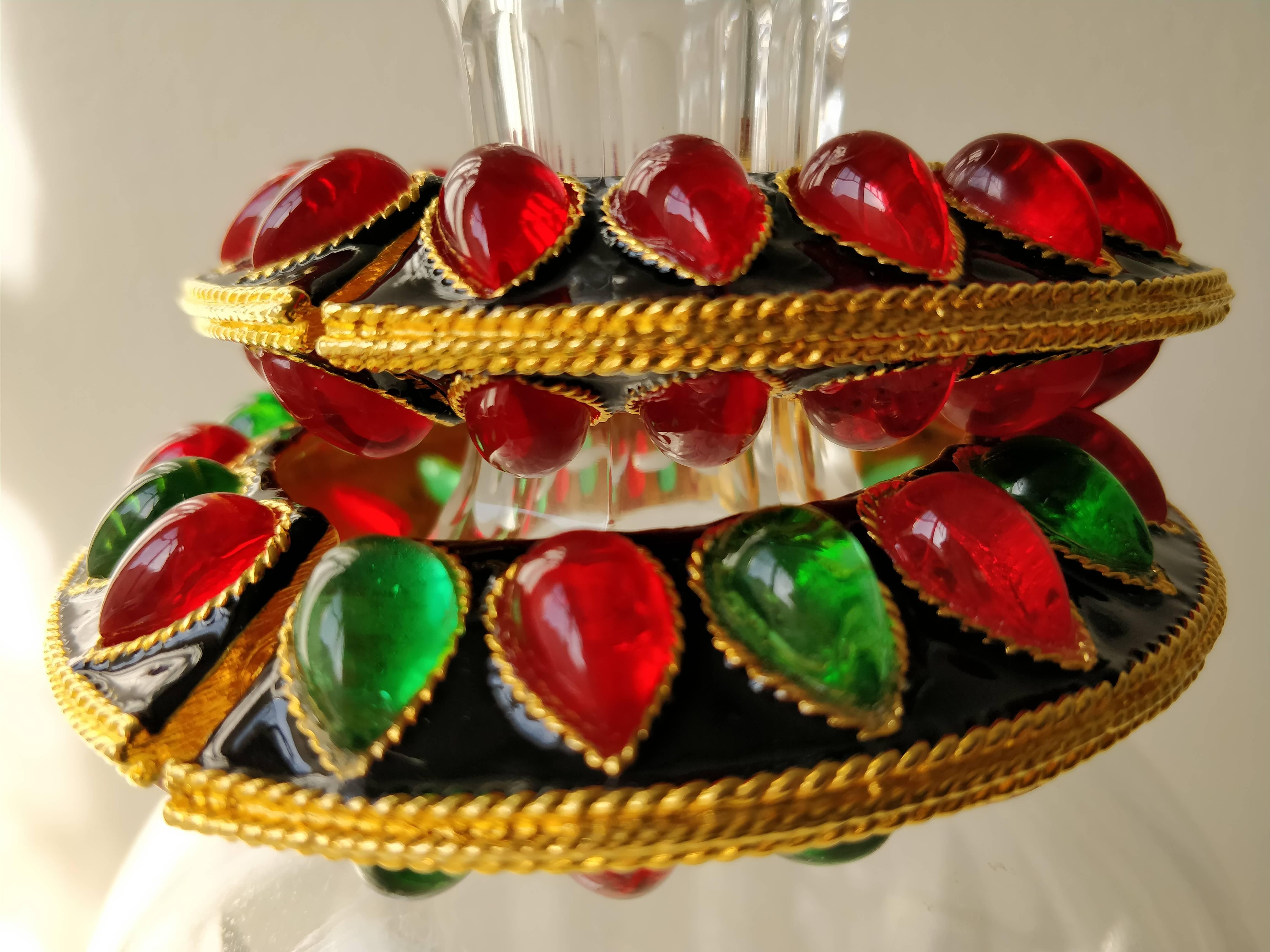 1980s Kenneth J. Lane Pair of Anglo-Indian Enamel and Glass Cuff Bracelets  In Excellent Condition In Gresham, OR