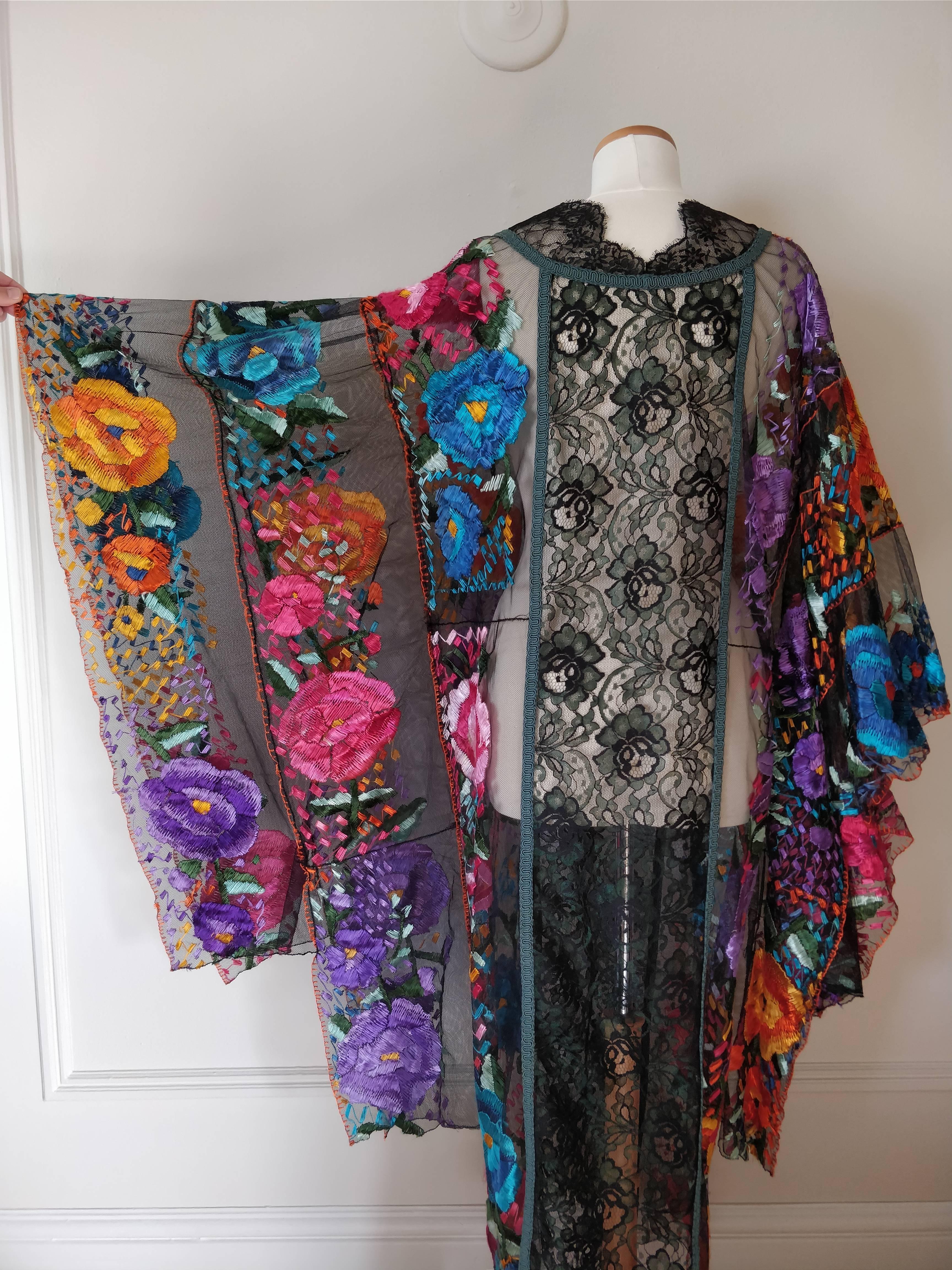1950s Caftan with Traditional Mexican Embroidery Panels and Mixed Lace 1