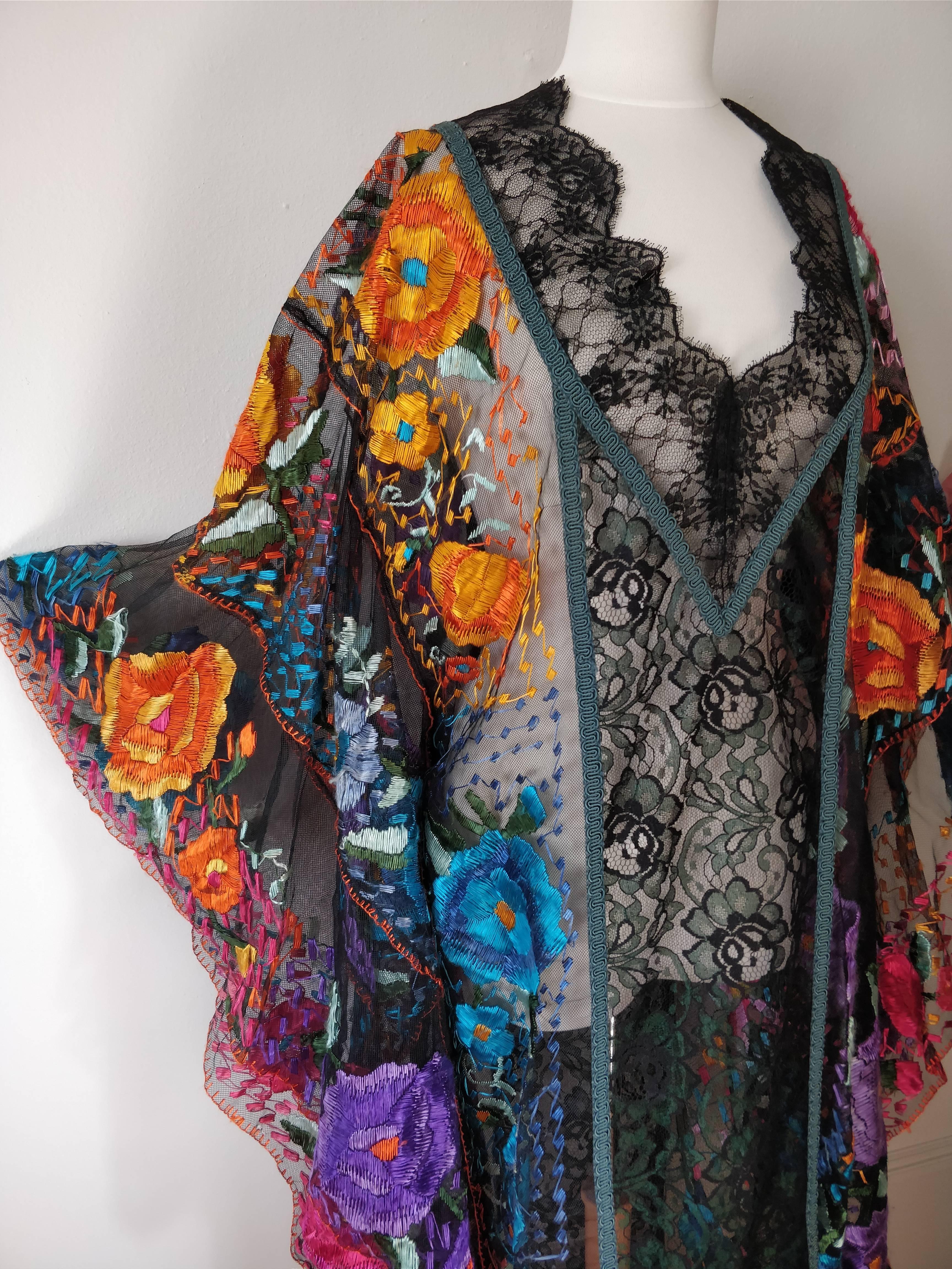 Women's or Men's 1950s Caftan with Traditional Mexican Embroidery Panels and Mixed Lace