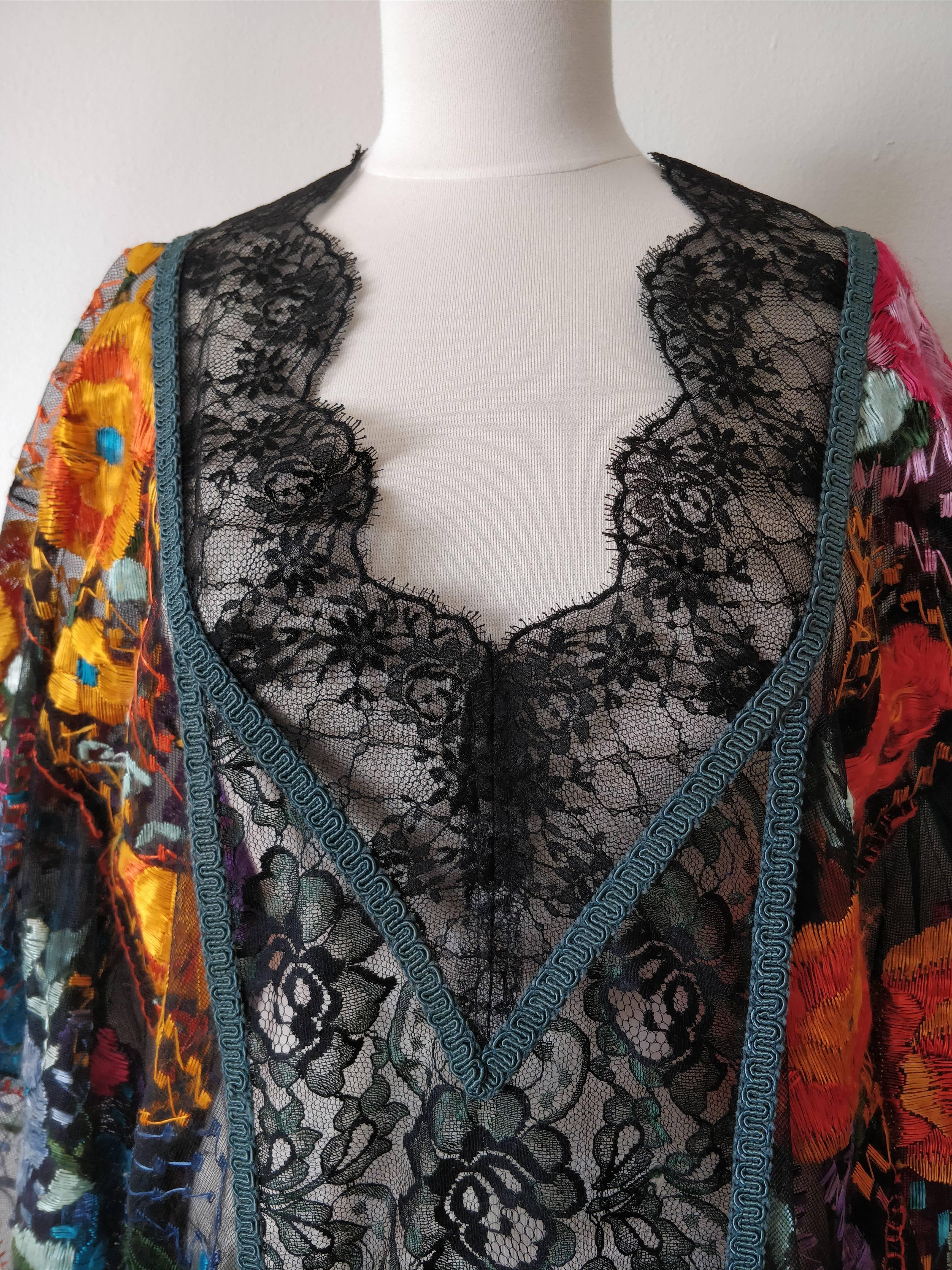 1950s Caftan with Traditional Mexican Embroidery Panels and Mixed Lace In Excellent Condition In Gresham, OR