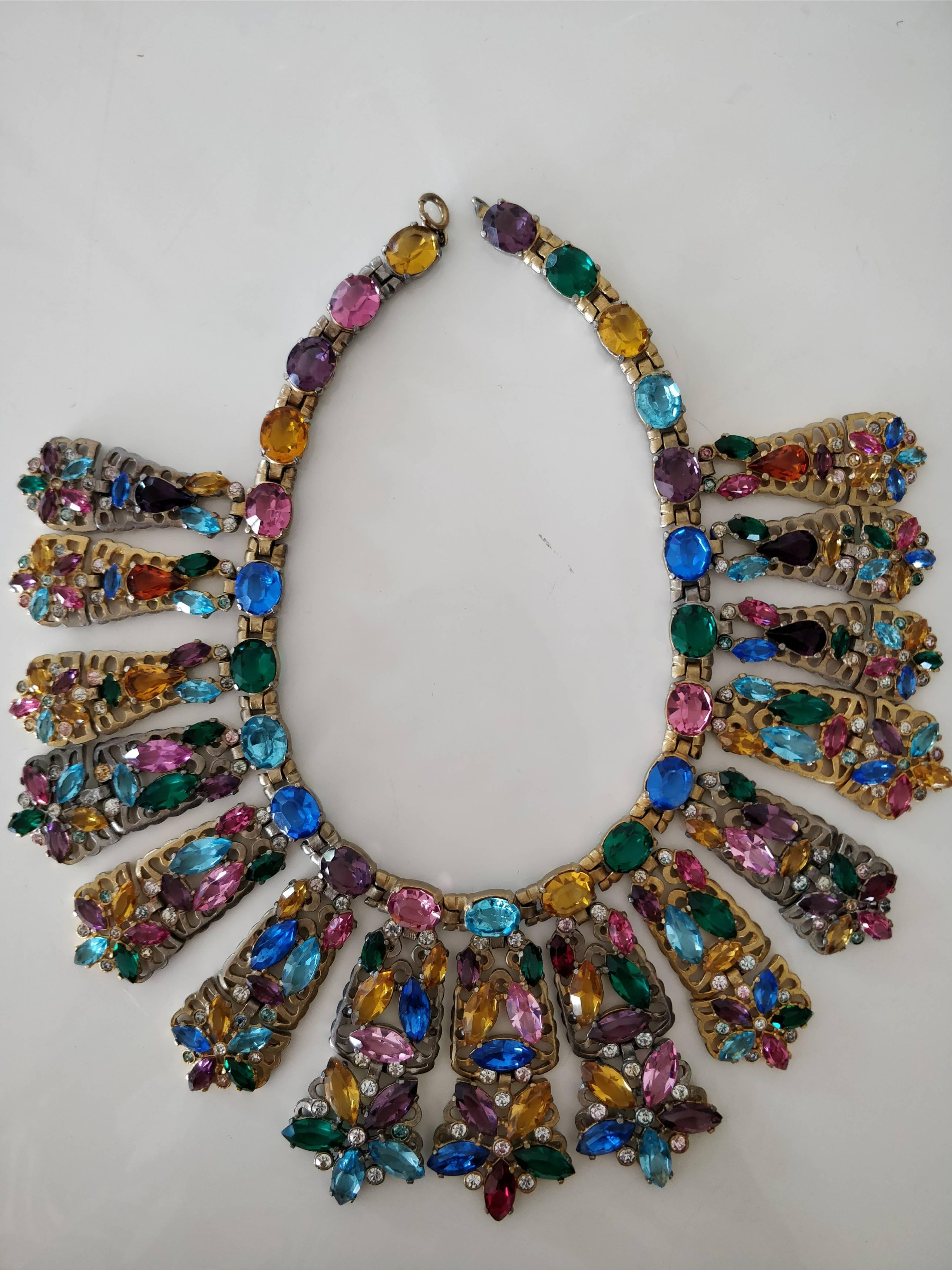 Renaissance Revival 1940s Stained Glass Window Large Multi-Color Rhinestone Collar Necklace 
