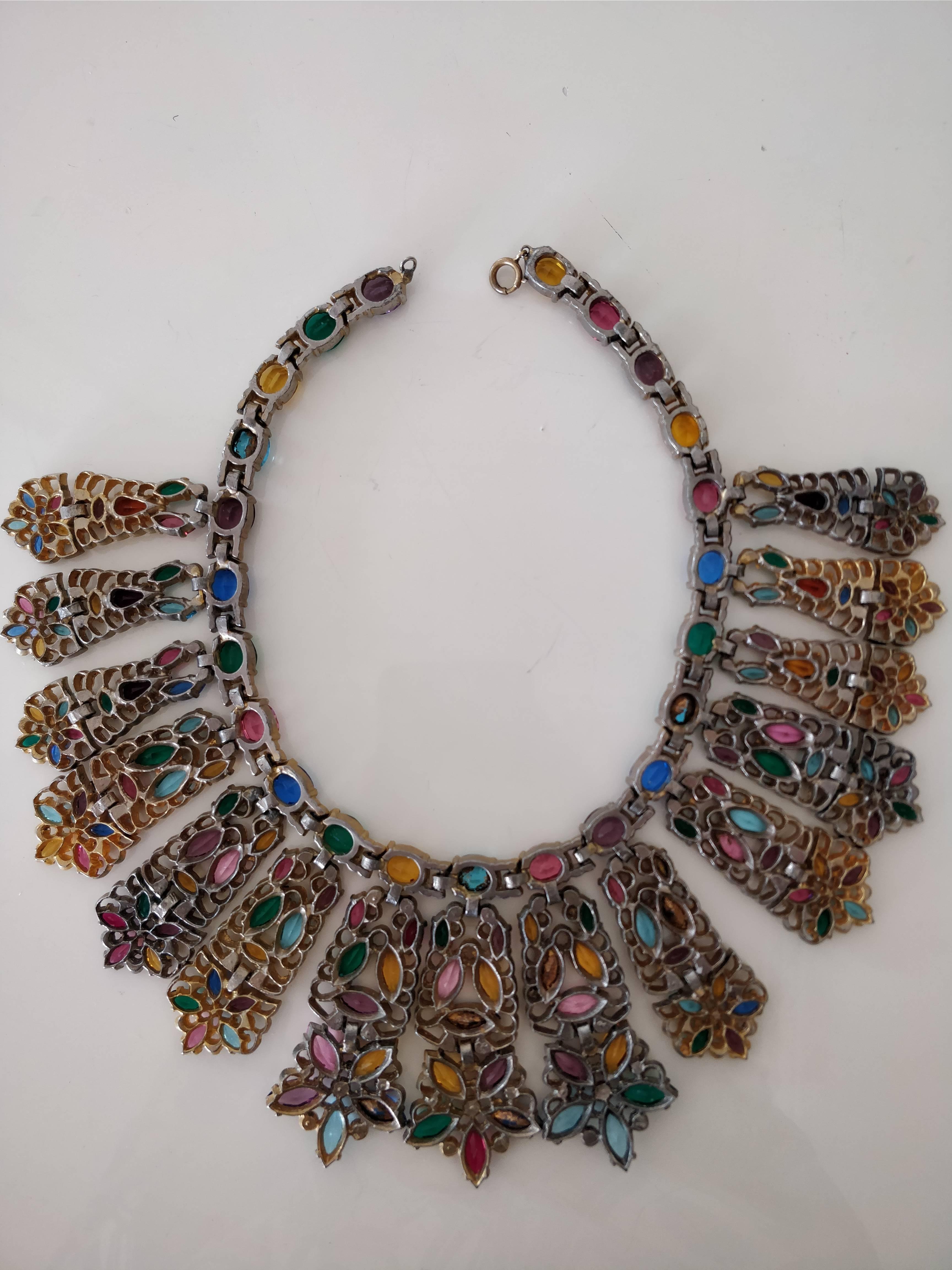 1940s Stained Glass Window Large Multi-Color Rhinestone Collar Necklace In Excellent Condition In Gresham, OR